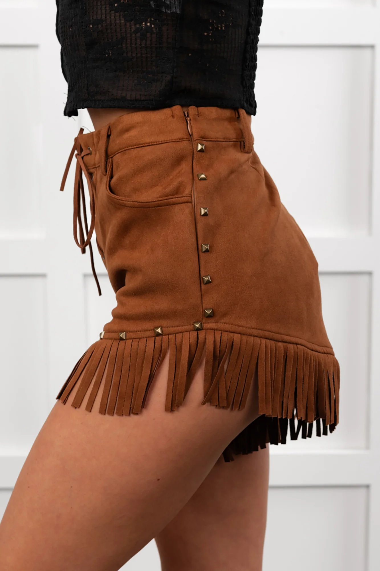 Cider & Stars Faux Suede Fringe Detail Shorts (Camel) - Image 3