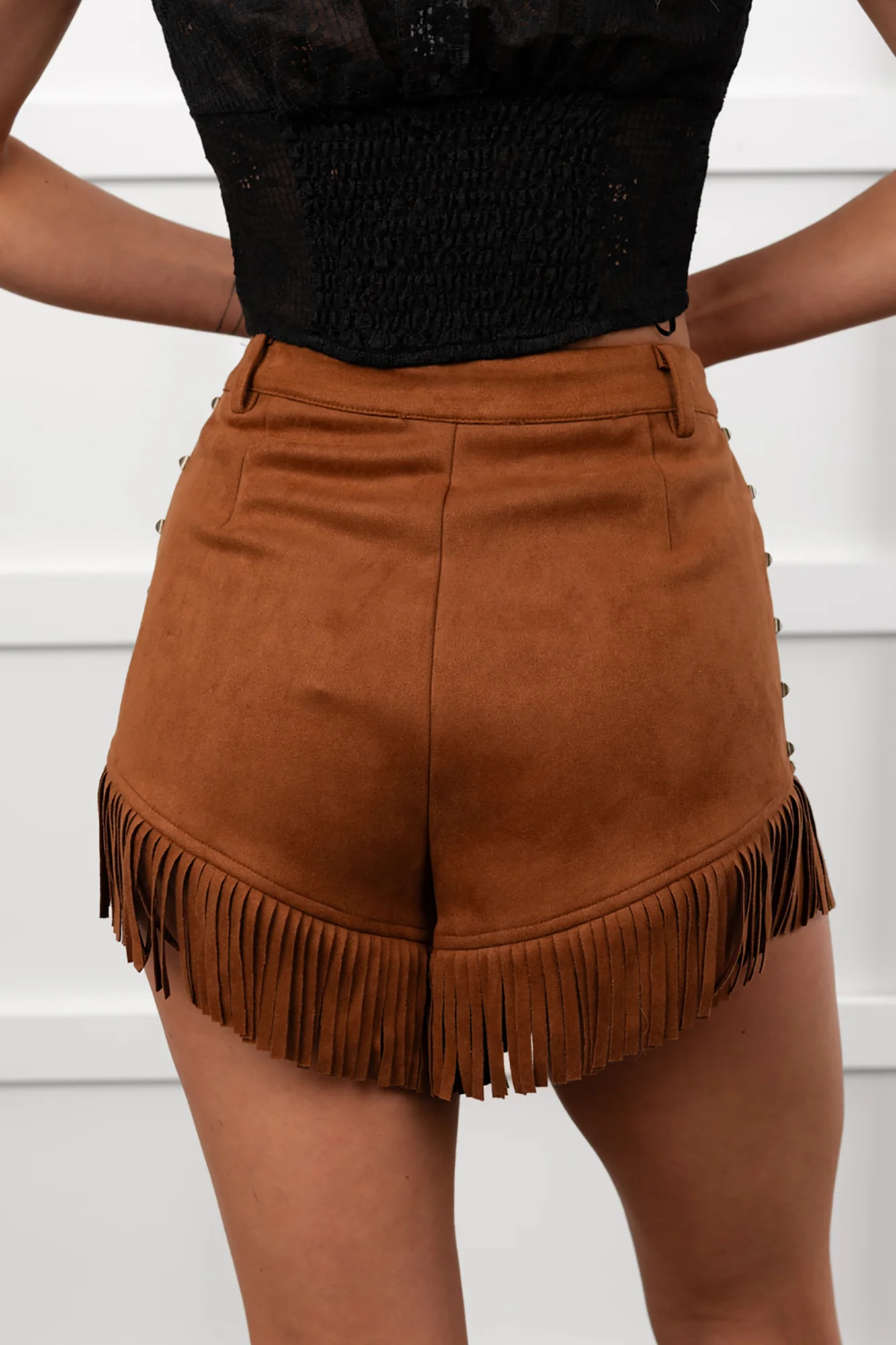 Cider & Stars Faux Suede Fringe Detail Shorts (Camel) - Image 4