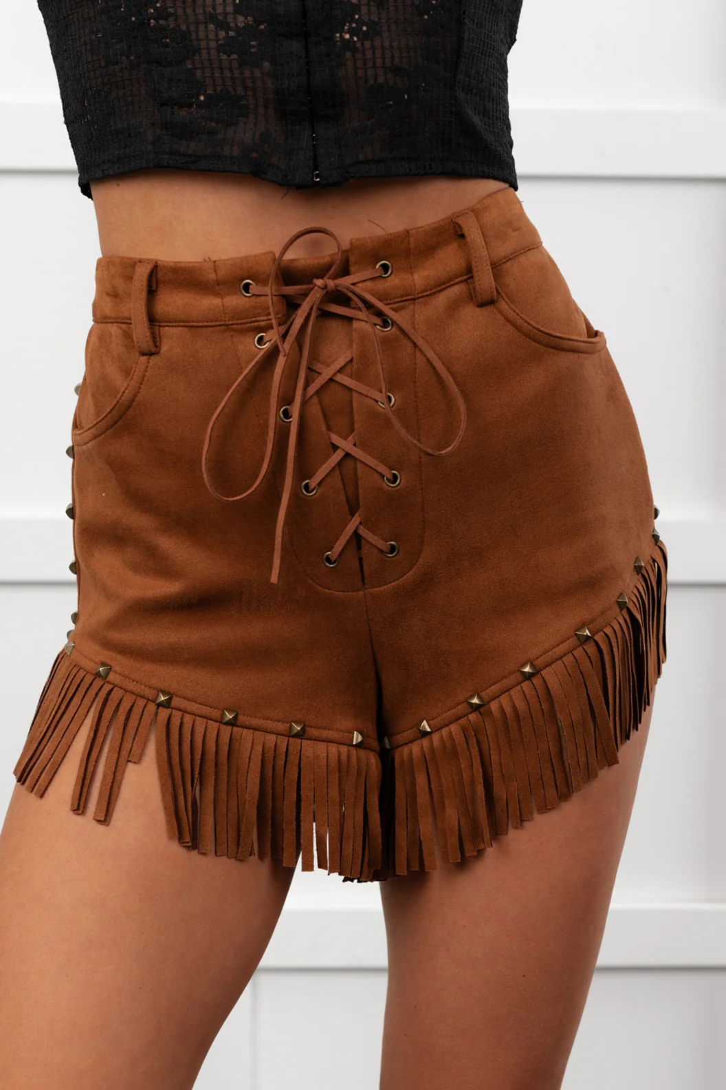 Cider & Stars Faux Suede Fringe Detail Shorts (Camel) - Image 5