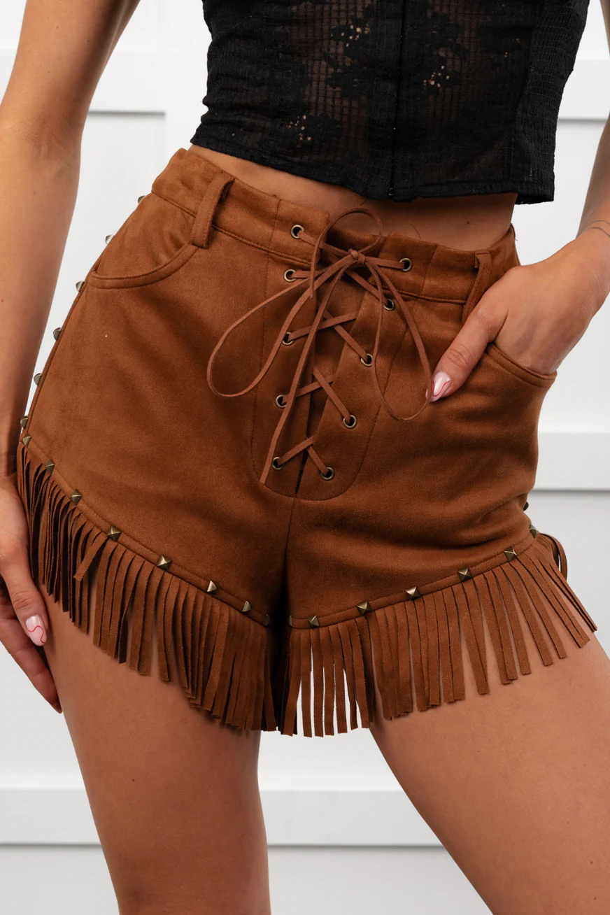 Cider & Stars Faux Suede Fringe Detail Shorts (Camel) - Image 6