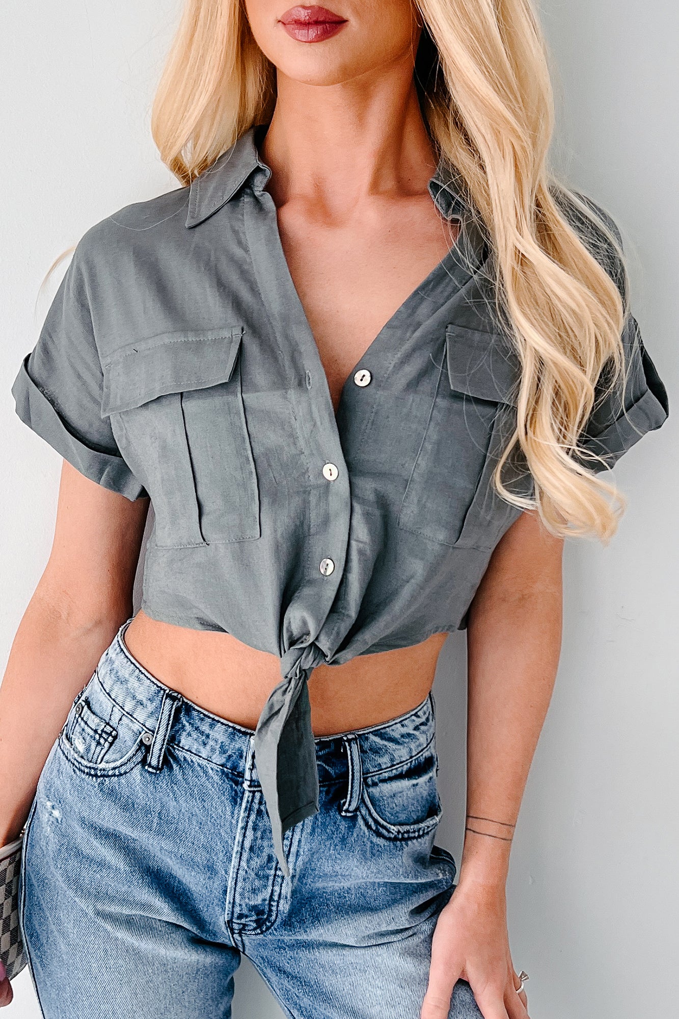 City Love Short Sleeve Button-Up Crop Top (Charcoal) - Image 5