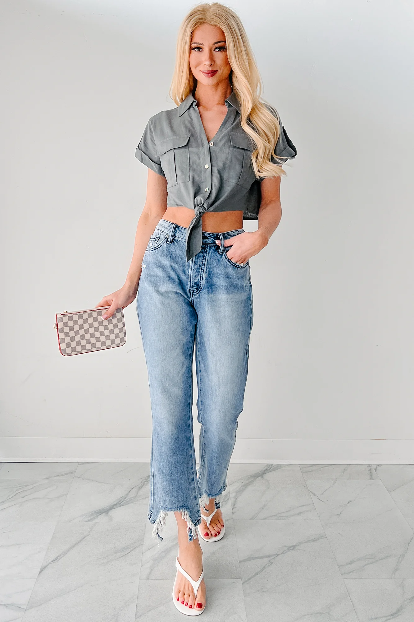 City Love Short Sleeve Button-Up Crop Top (Charcoal) - Image 6