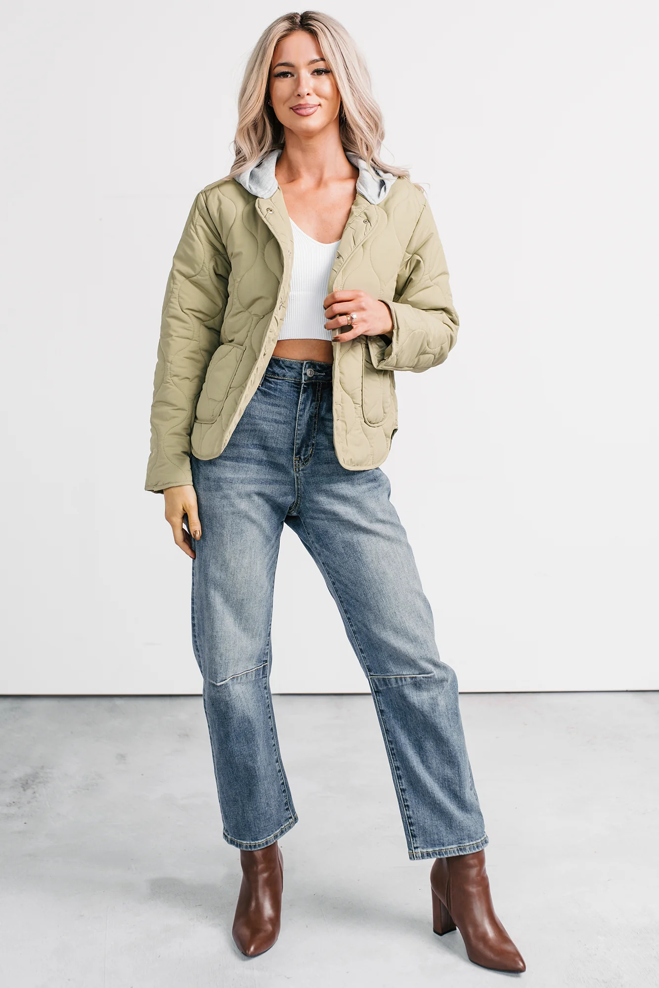 City Stitch Hooded Lightweight Quilted Jacket (Olive) - Image 5