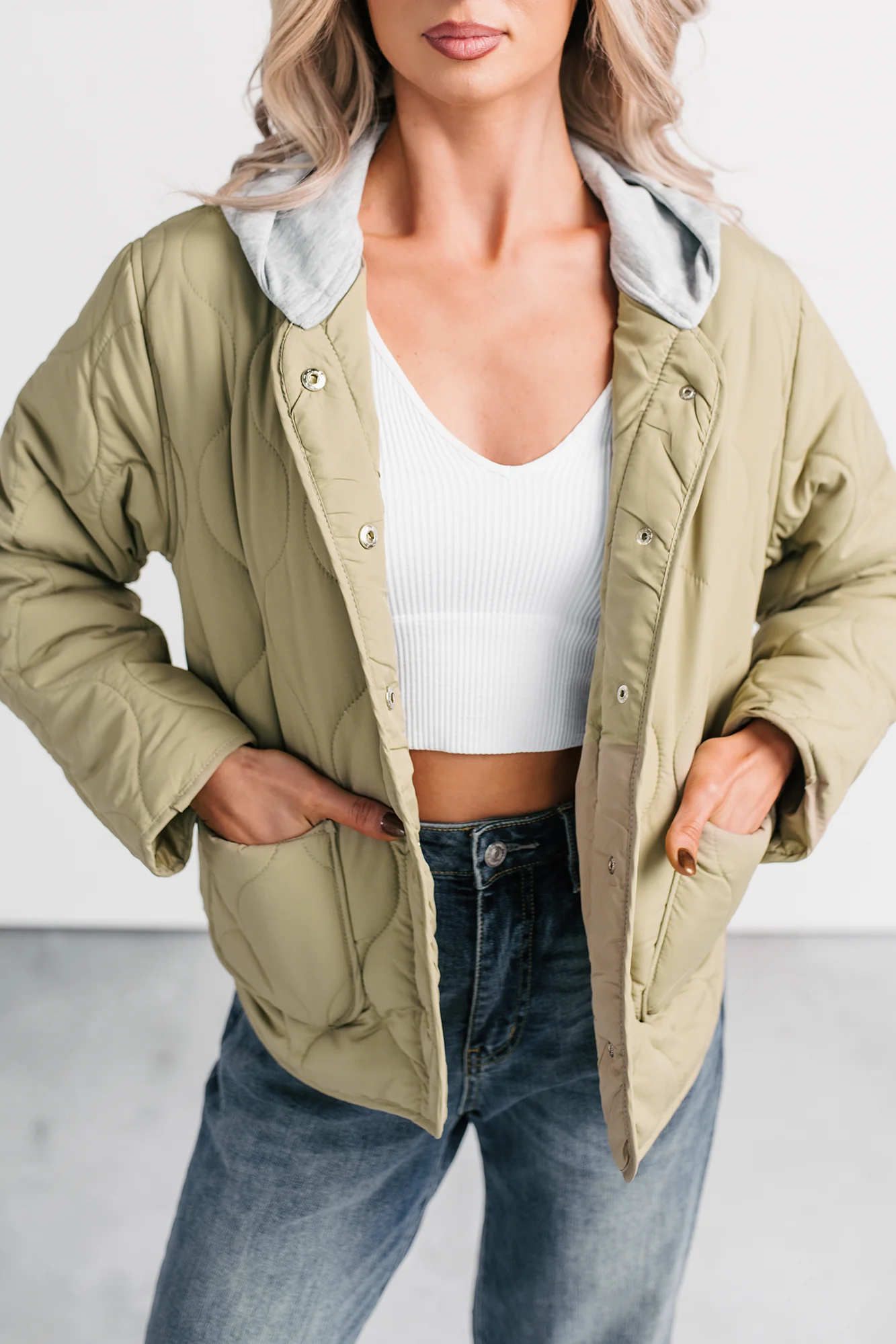 City Stitch Hooded Lightweight Quilted Jacket (Olive) - Image 6