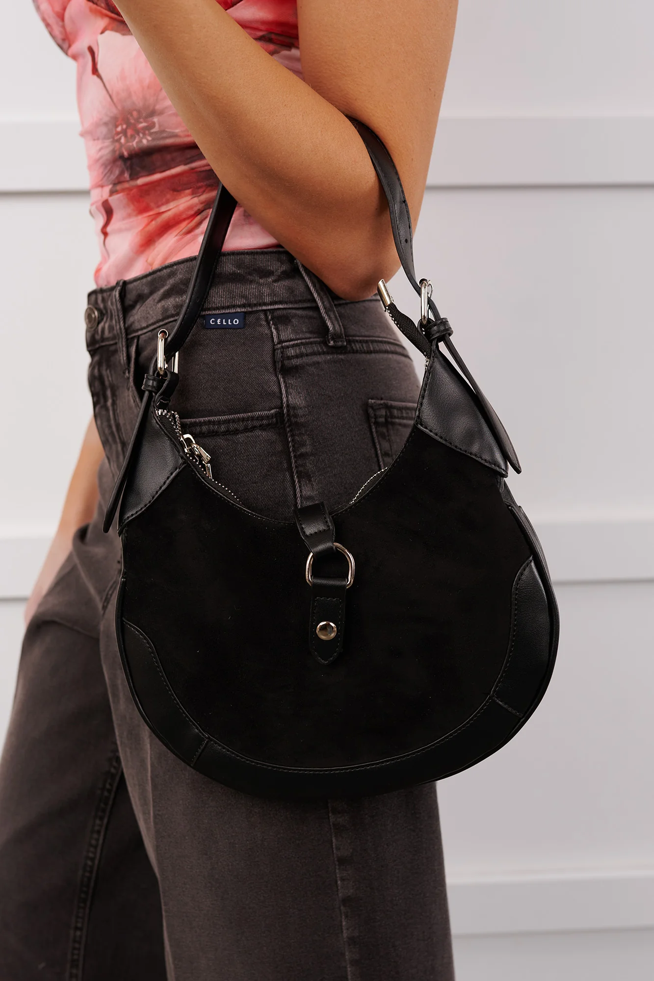 Claim Fame Faux Suede & Leather Crescent Bag (Black) - Image 2