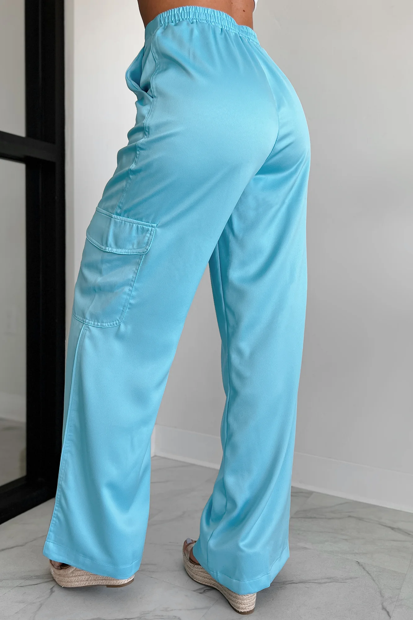 Clearing The Air Wide Leg Satin Cargo Pants (Light Aqua) - Image 5