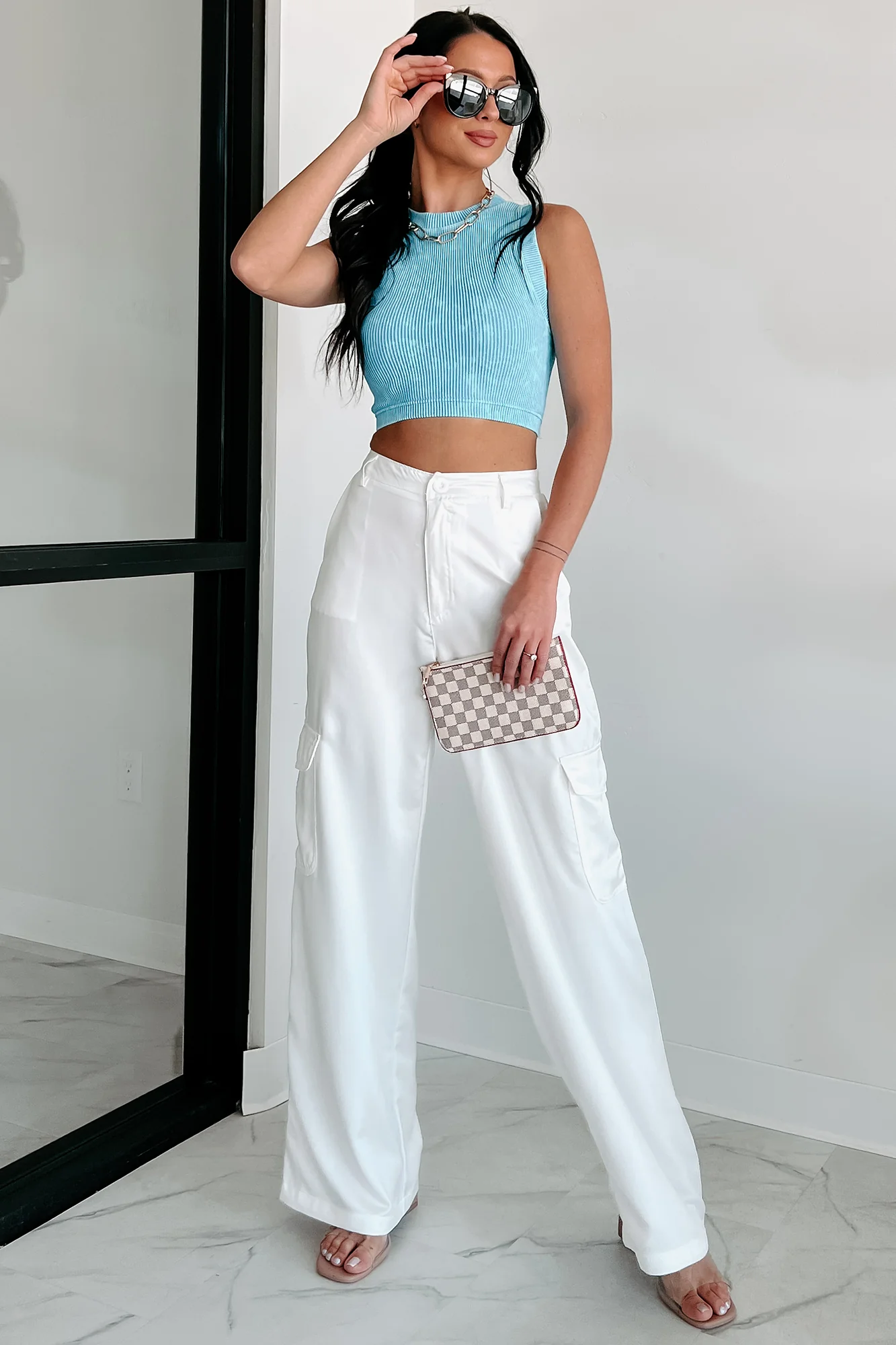 Clearing The Air Wide Leg Satin Cargo Pants (Off White) - Image 10