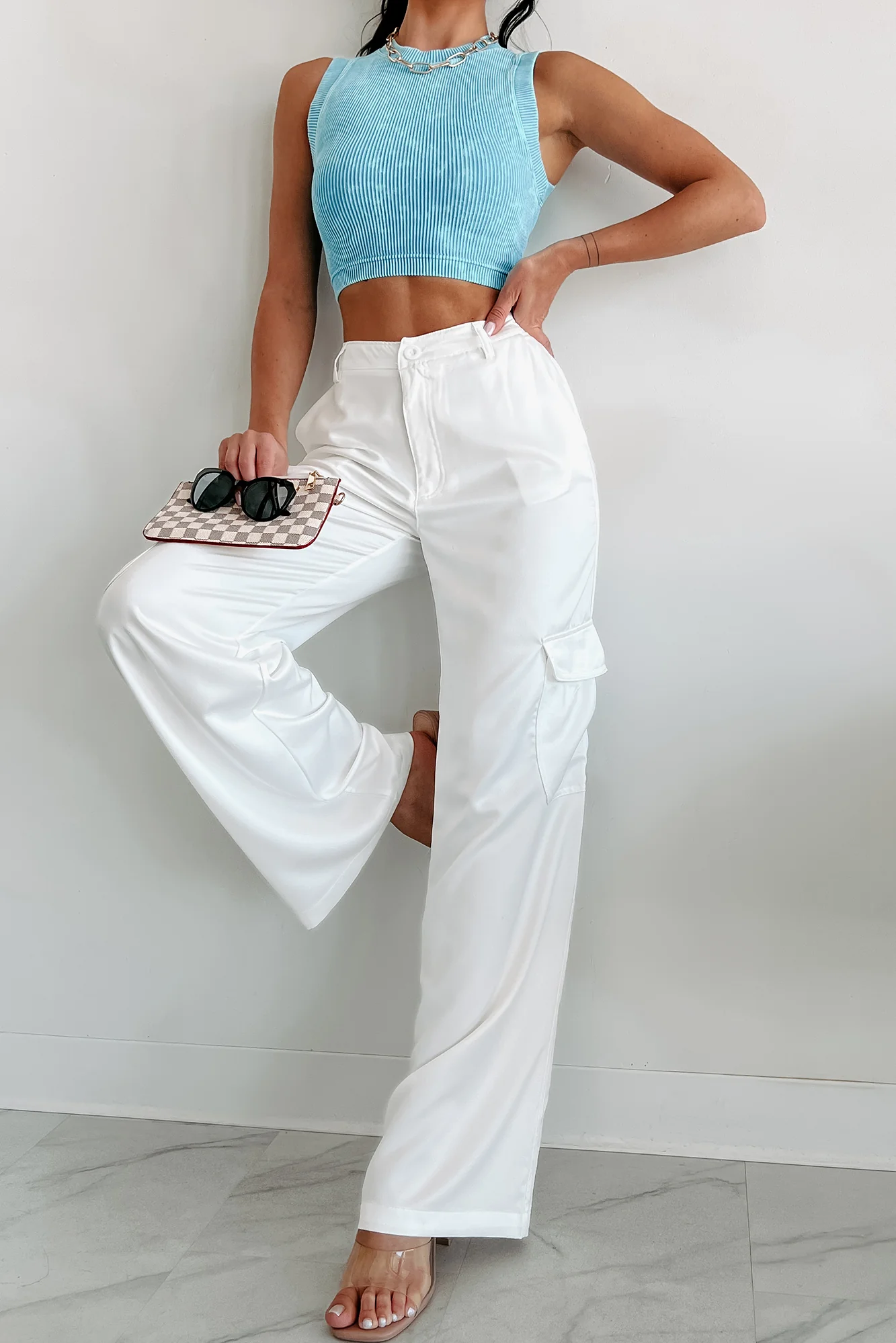 Clearing The Air Wide Leg Satin Cargo Pants (Off White) - Image 3