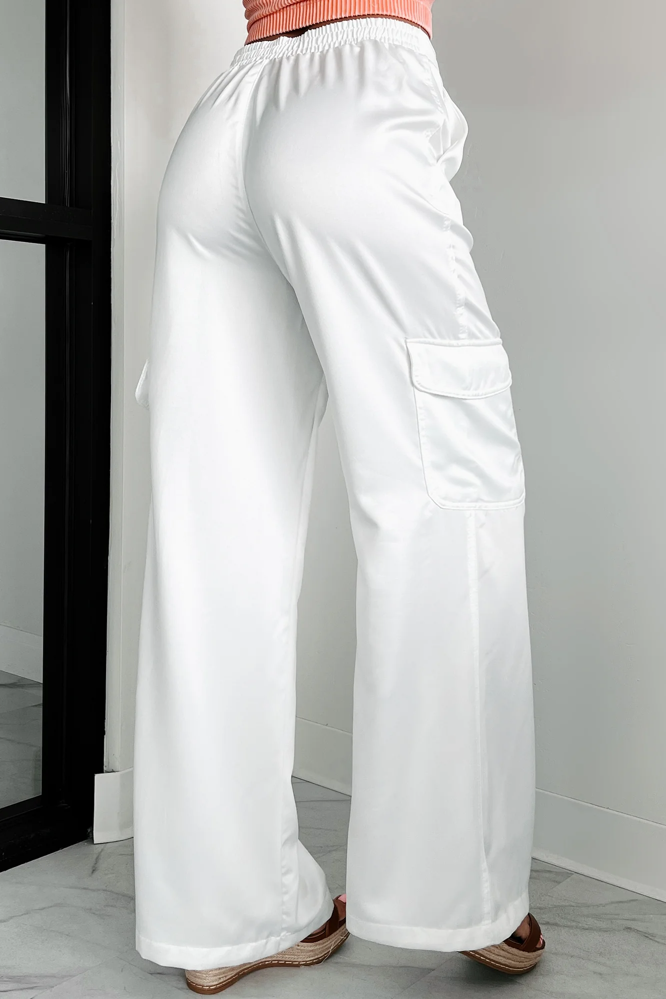 Clearing The Air Wide Leg Satin Cargo Pants (Off White) - Image 5