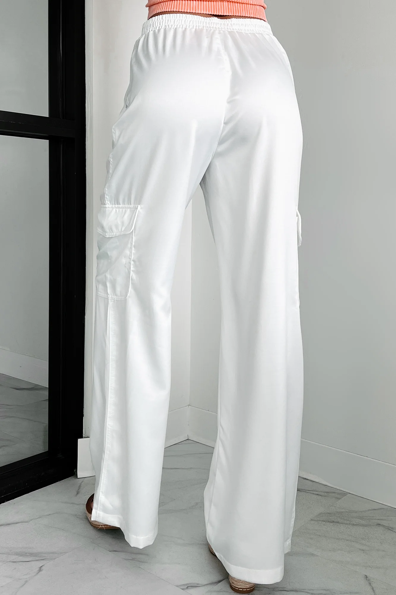 Clearing The Air Wide Leg Satin Cargo Pants (Off White) - Image 6
