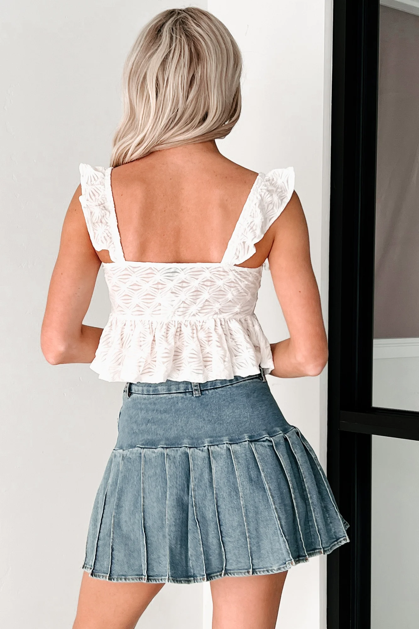 Coffee To Cocktails Textured Ruffle Crop Top (Cream) - Image 9