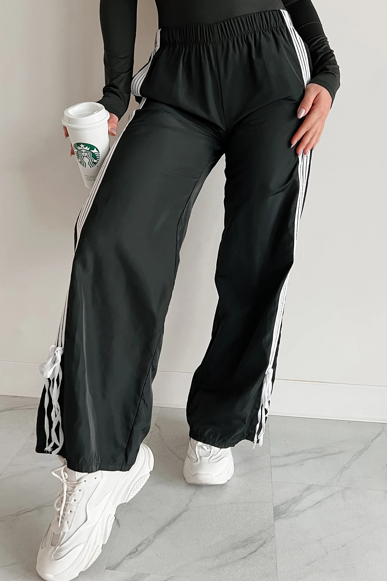 Colby Side Stripe Ribbon Tie Track Pants (Black) - Image 6