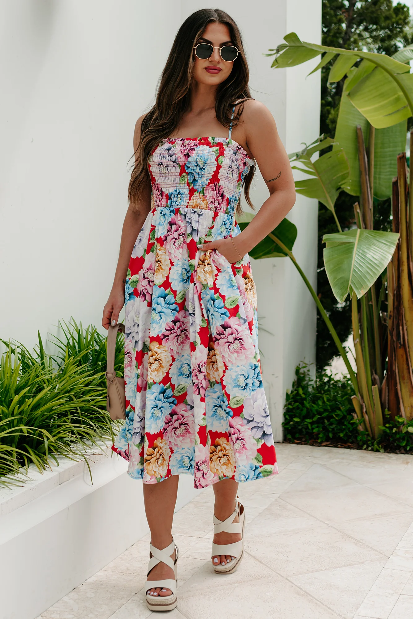 Colorful On The Coast Smocked Floral Midi Dress (Orange Multi) - Image 3