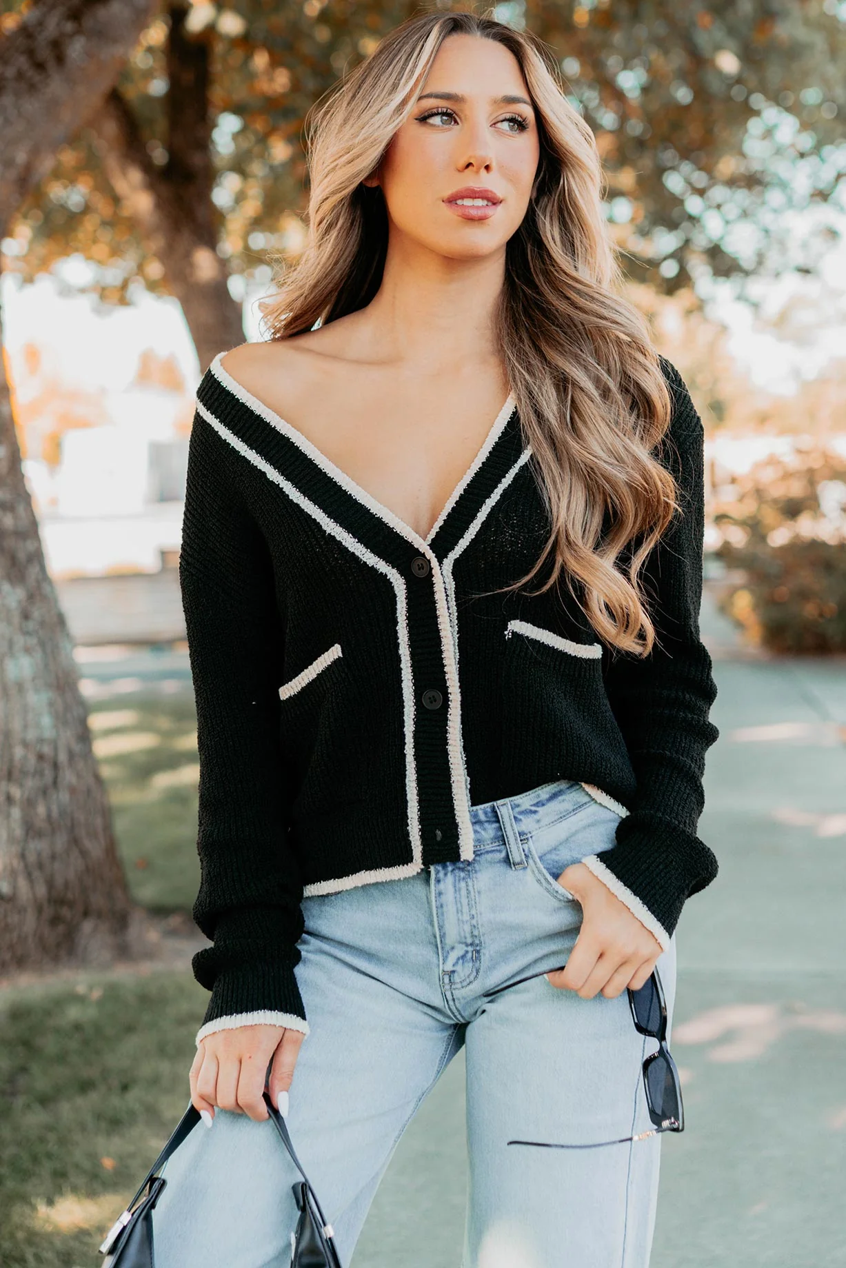 Comfort Current Contrast Button-Up Cardigan (Black) - Image 2