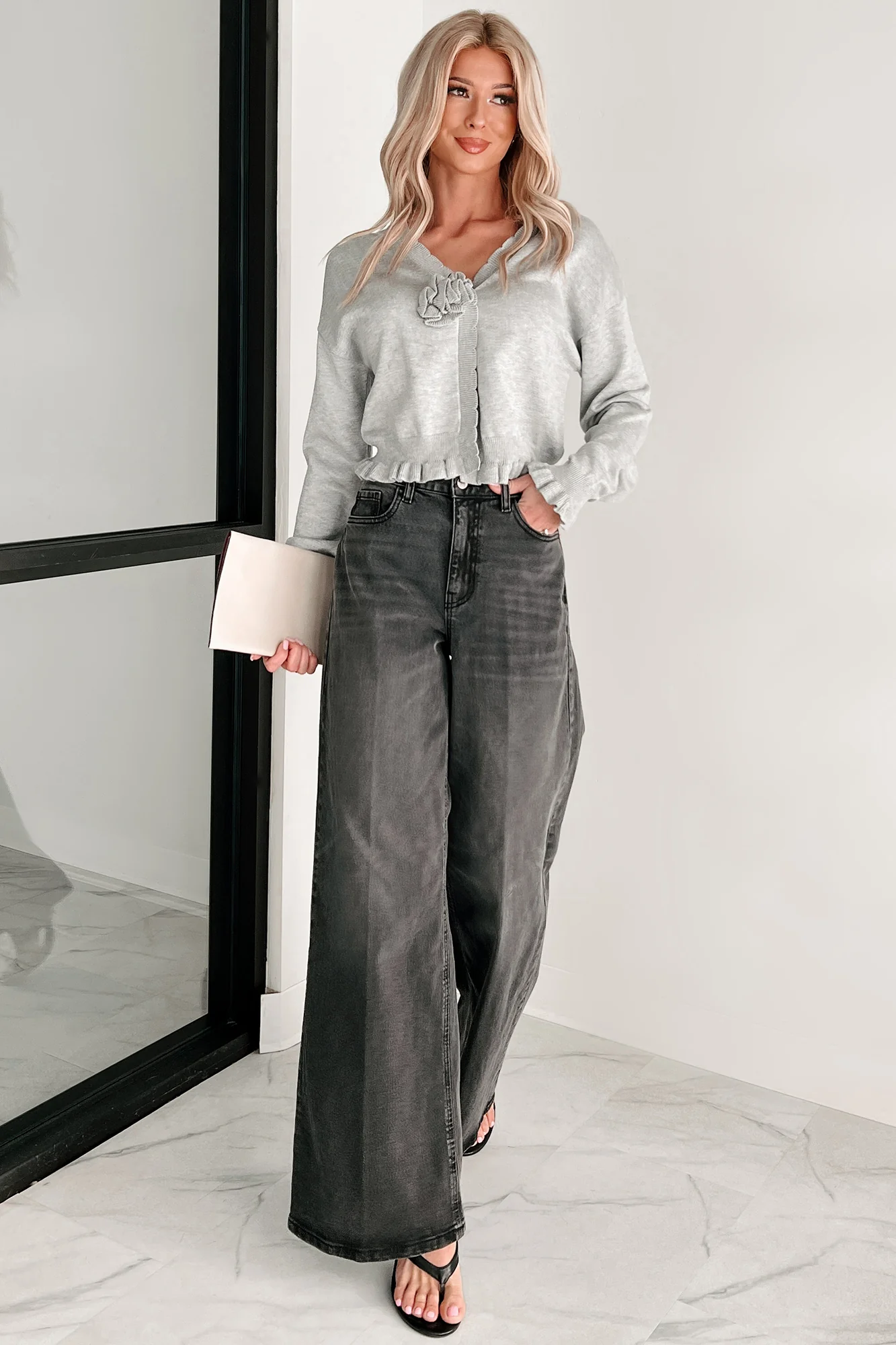 Comfortable Confidence Ruffle Knit Cardigan (Grey) - Image 11