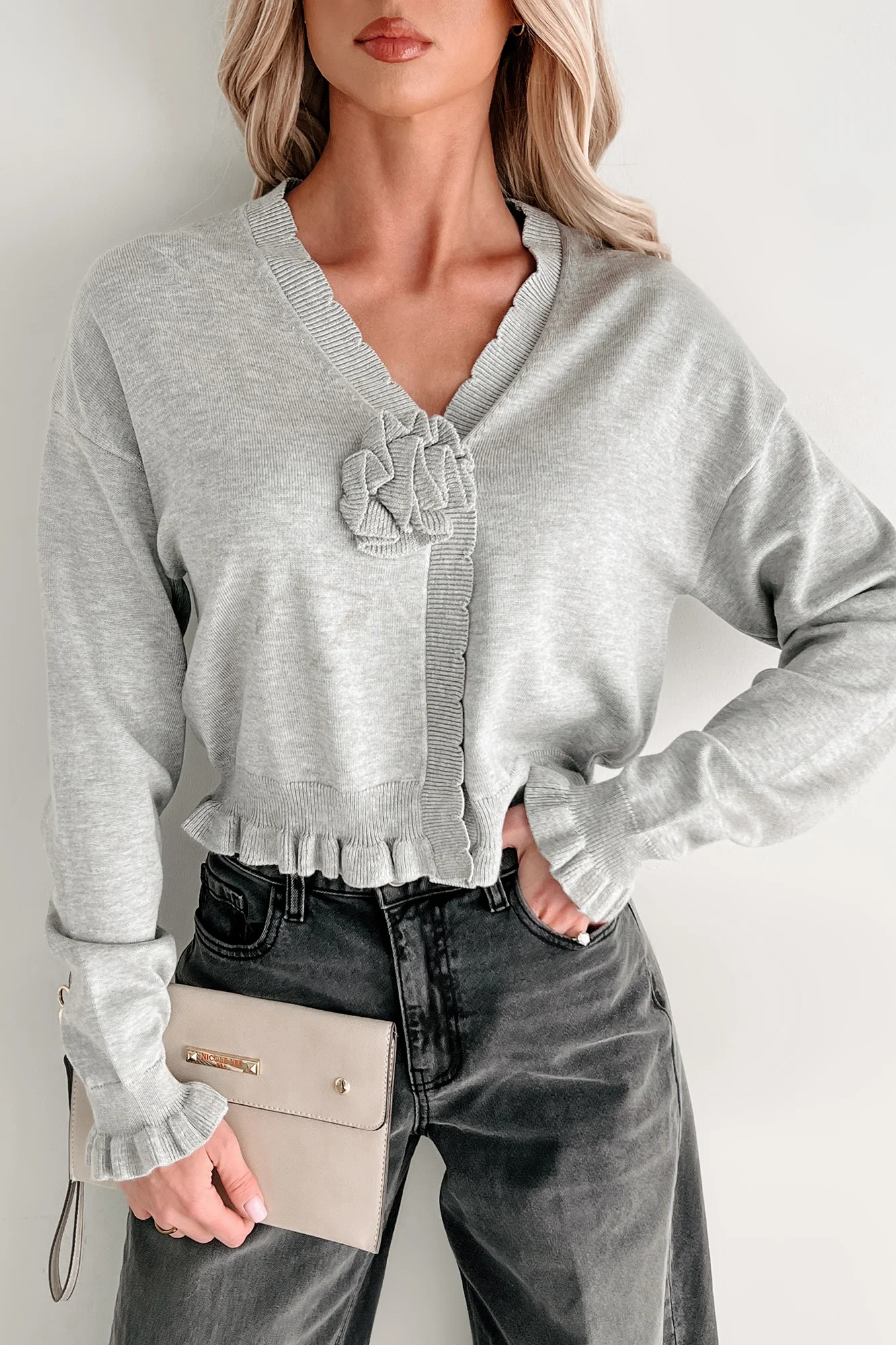 Comfortable Confidence Ruffle Knit Cardigan (Grey) - Image 9