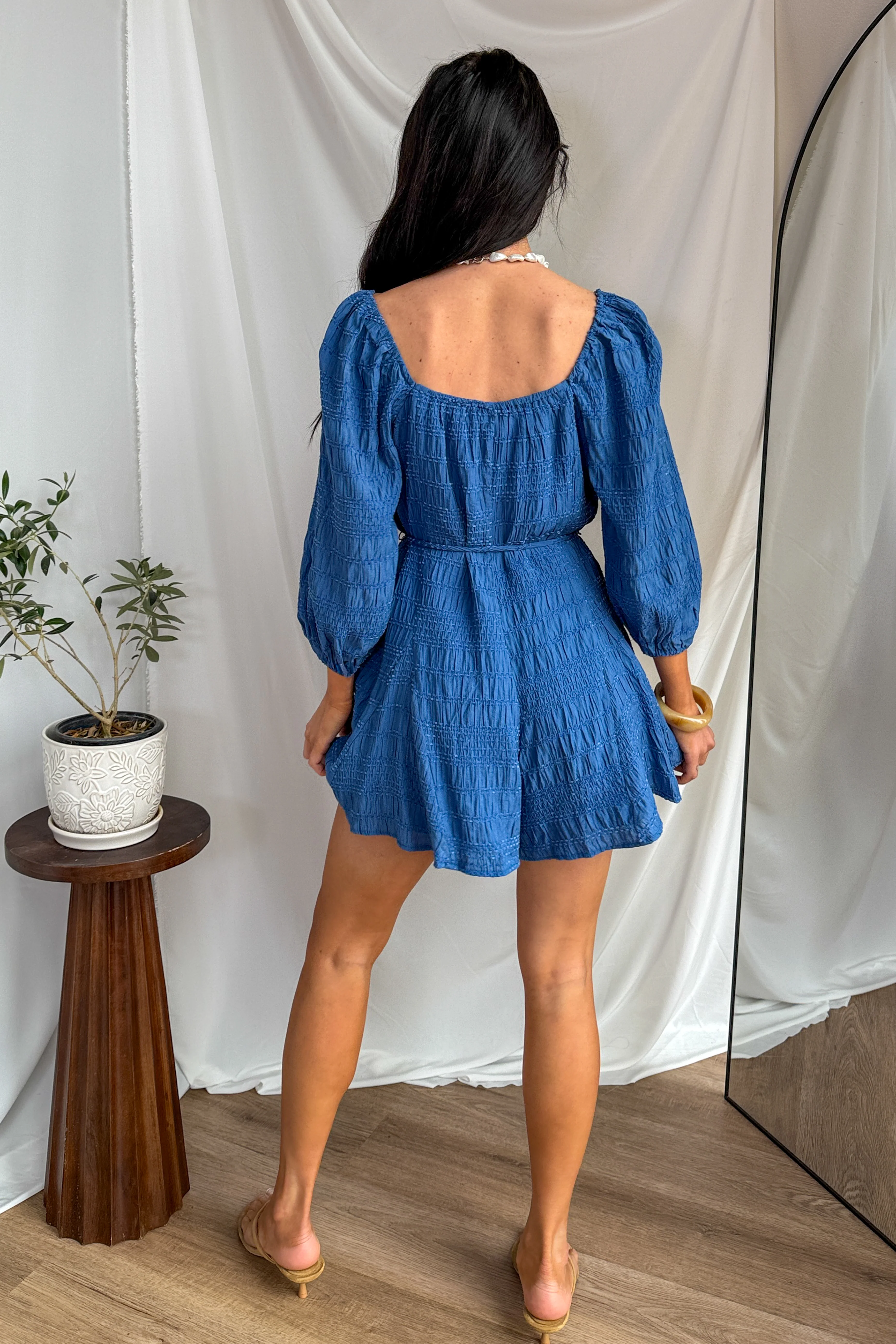 Comfortable Cool Velvet Textured Button Down Romper (Retro Blue) - Image 6