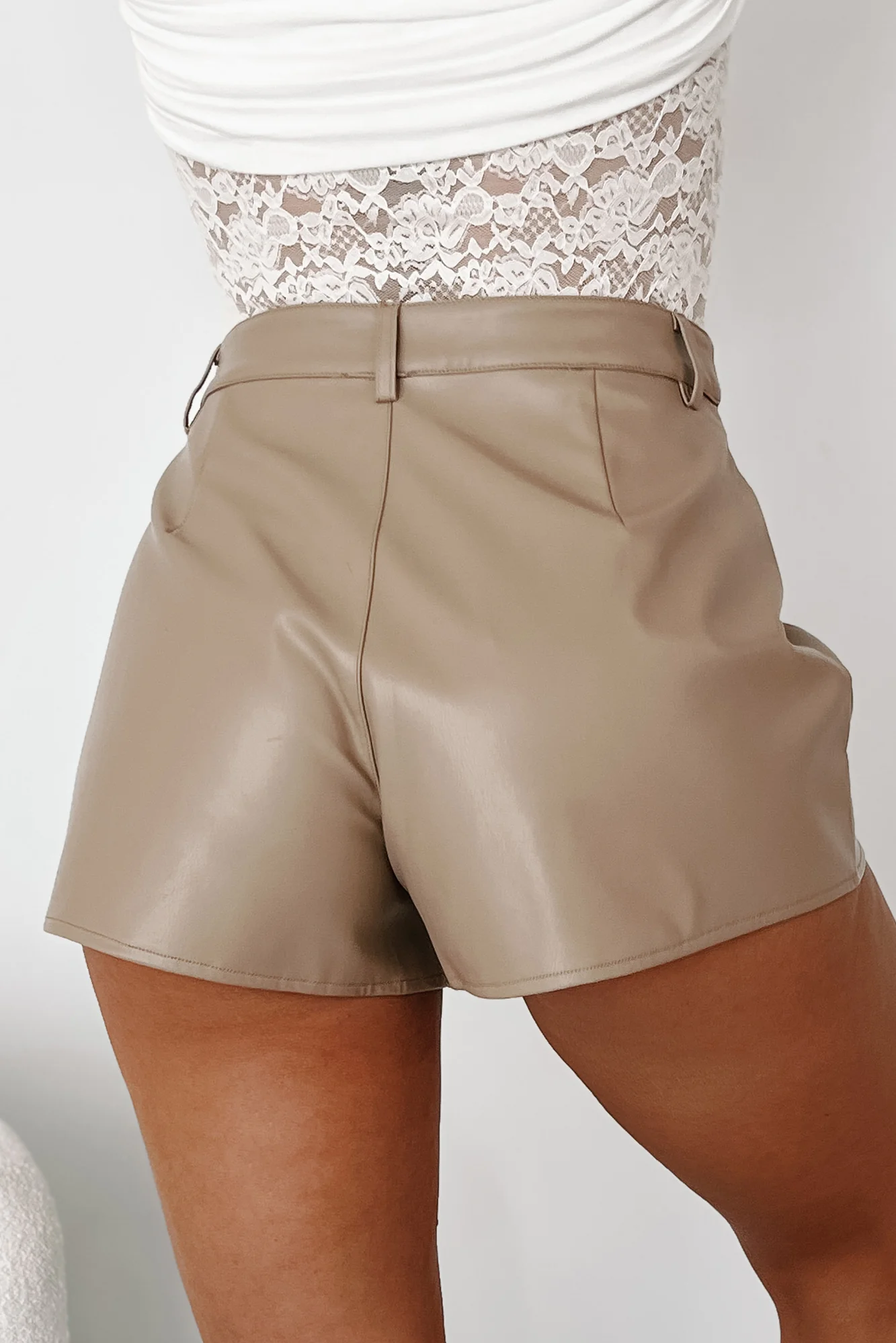 Corinna Faux Leather Shorts (Taupe) - Image 11