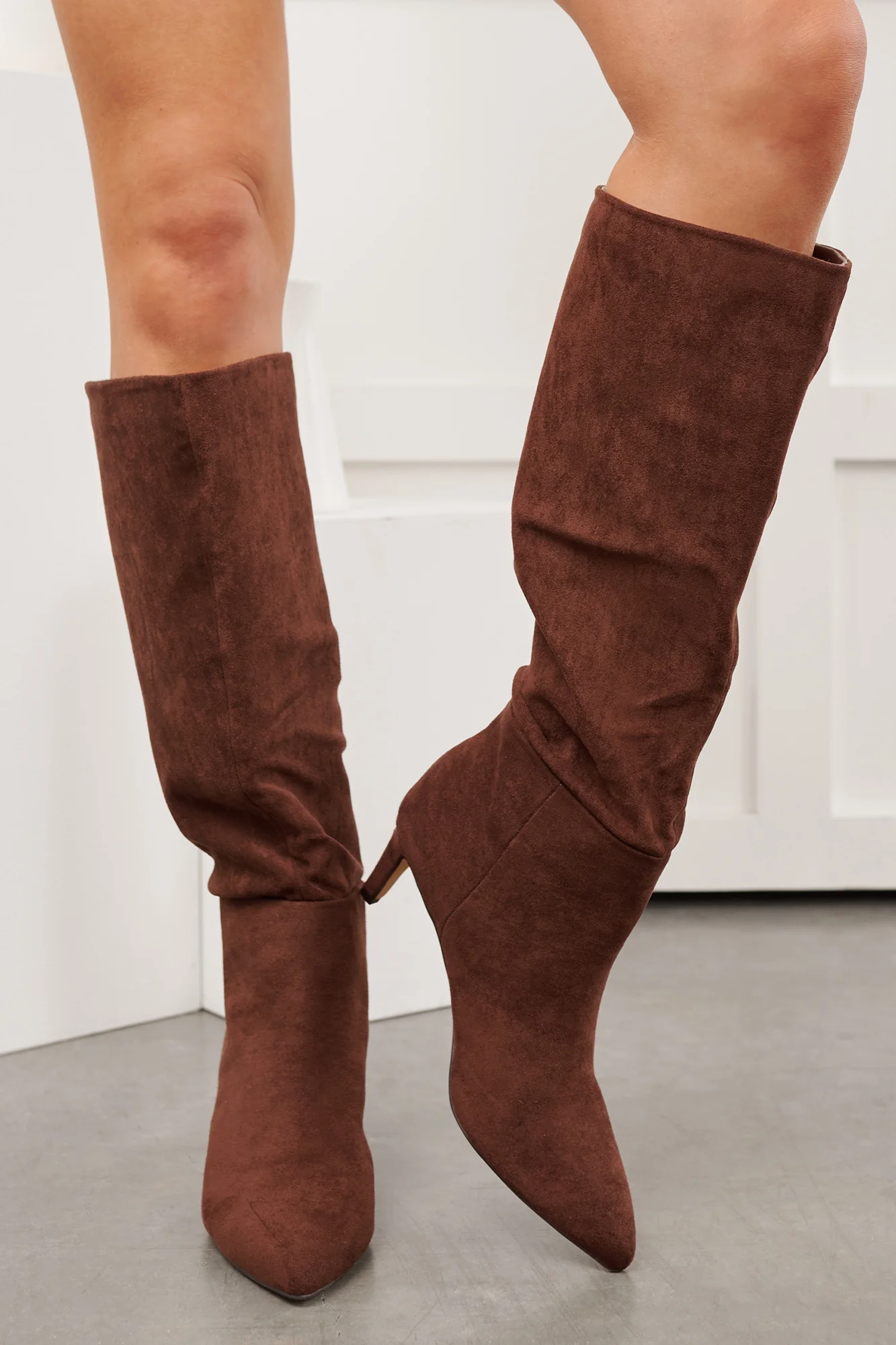 Corporate Chic Kitten Heel Faux Suede Boots (Brown) - Image 4