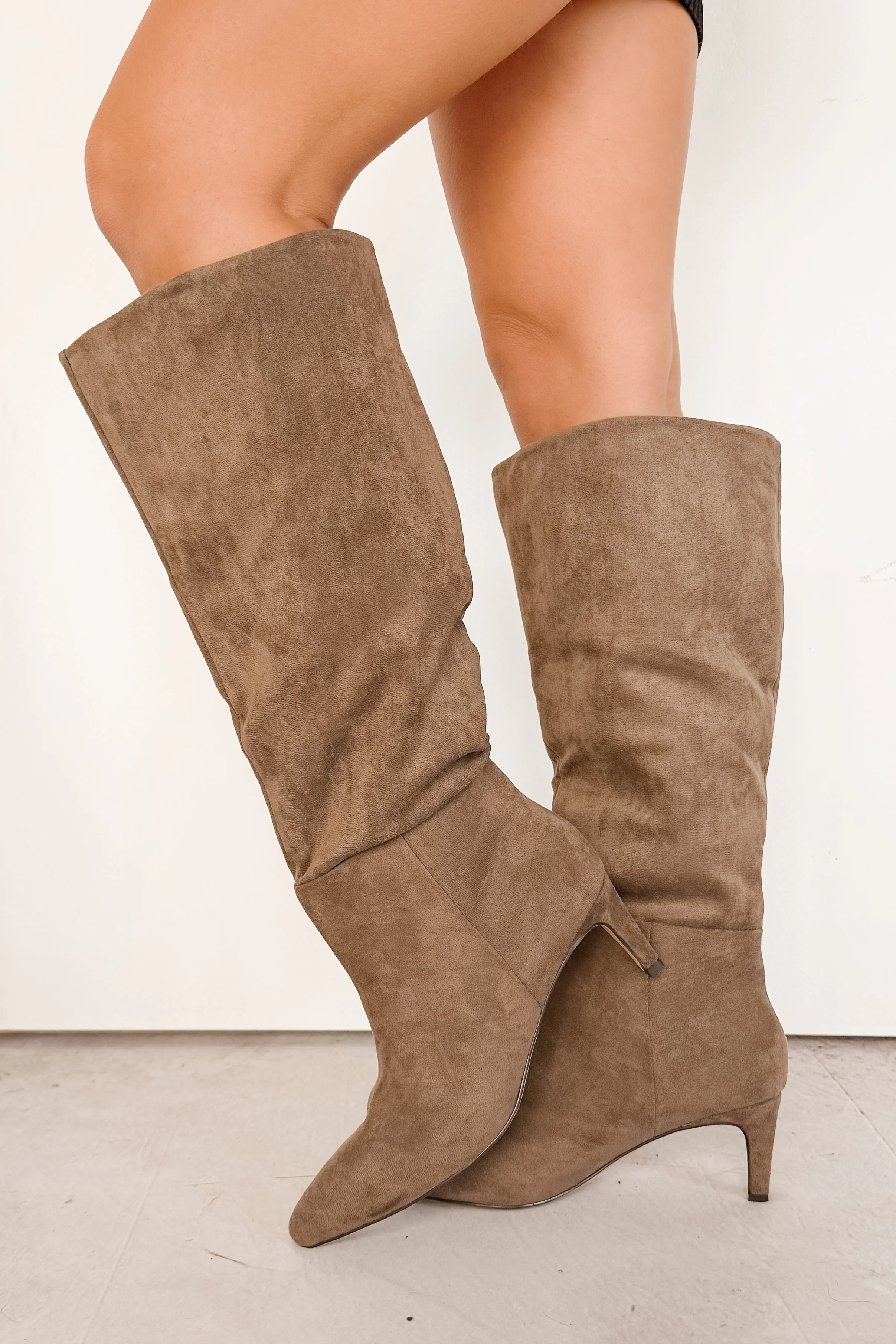 Corporate Chic Kitten Heel Faux Suede Boots (Taupe) - Image 2