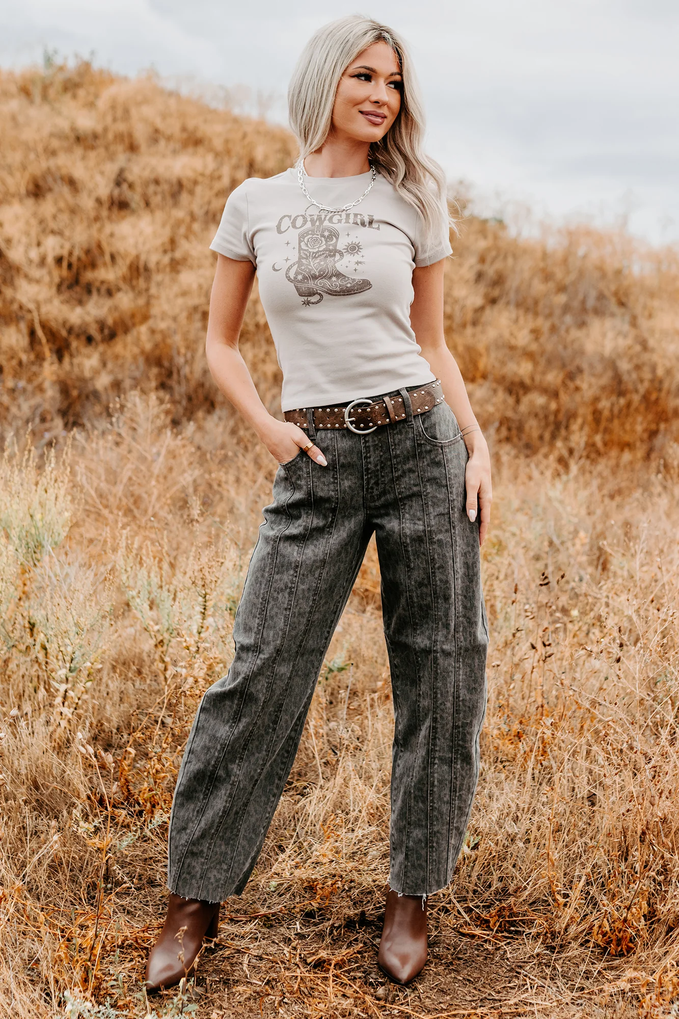 "Cosmic Cowgirl" Short Sleeve Graphic Top (Taupe) - Image 2
