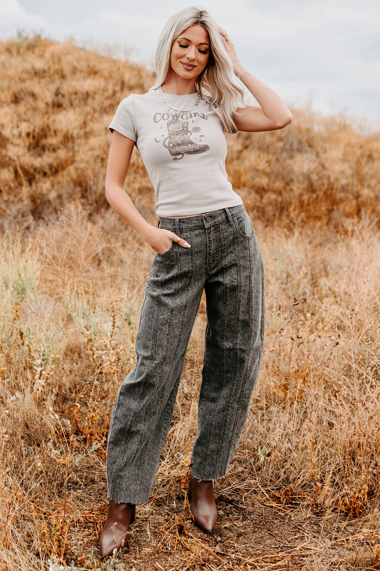 "Cosmic Cowgirl" Short Sleeve Graphic Top (Taupe) - Image 4