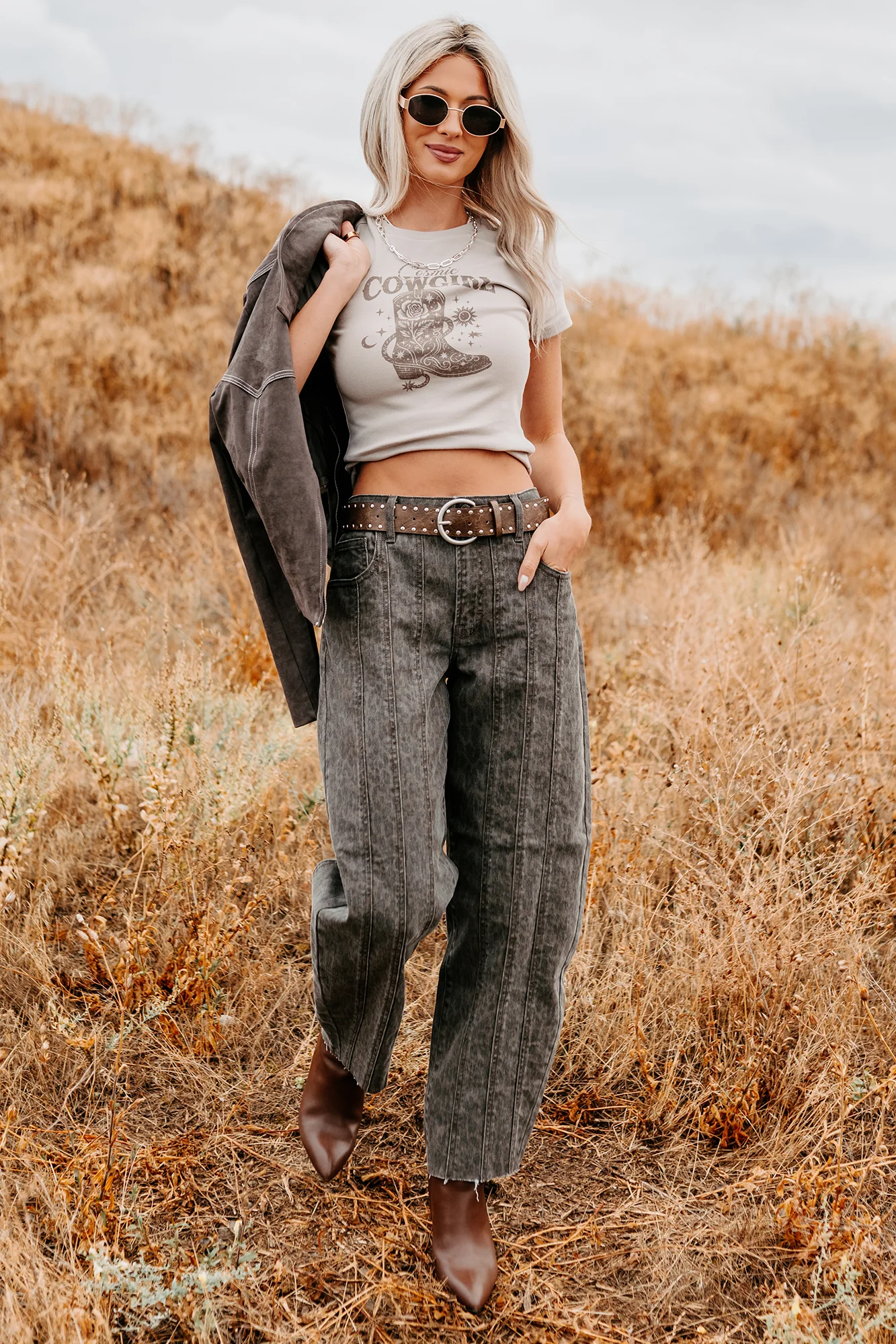 "Cosmic Cowgirl" Short Sleeve Graphic Top (Taupe) - Image 6