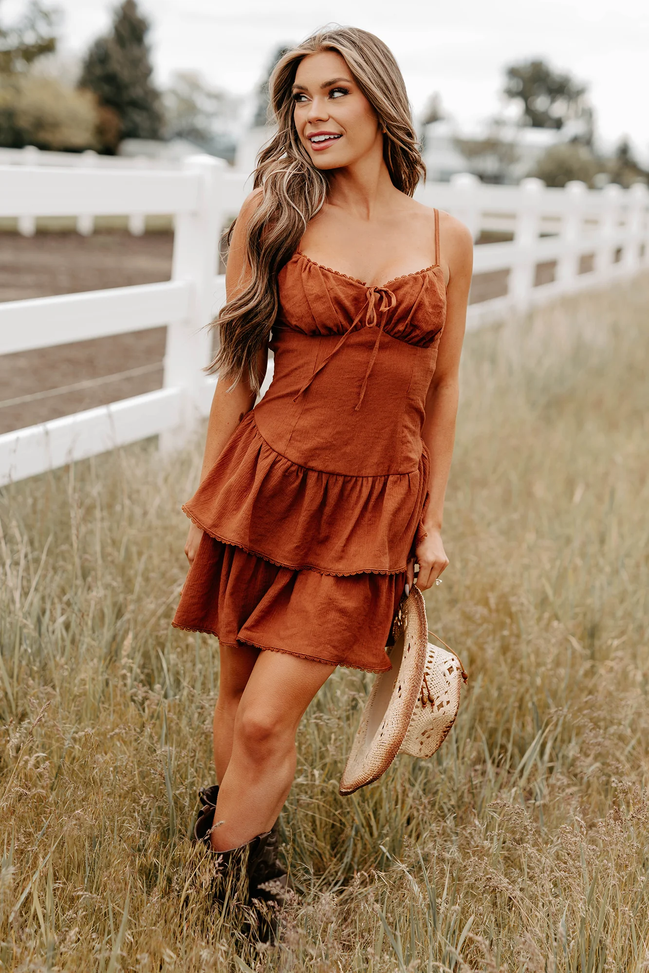Cottage Cutie Ruffle Tier Mini Dress (Brown) - Image 4