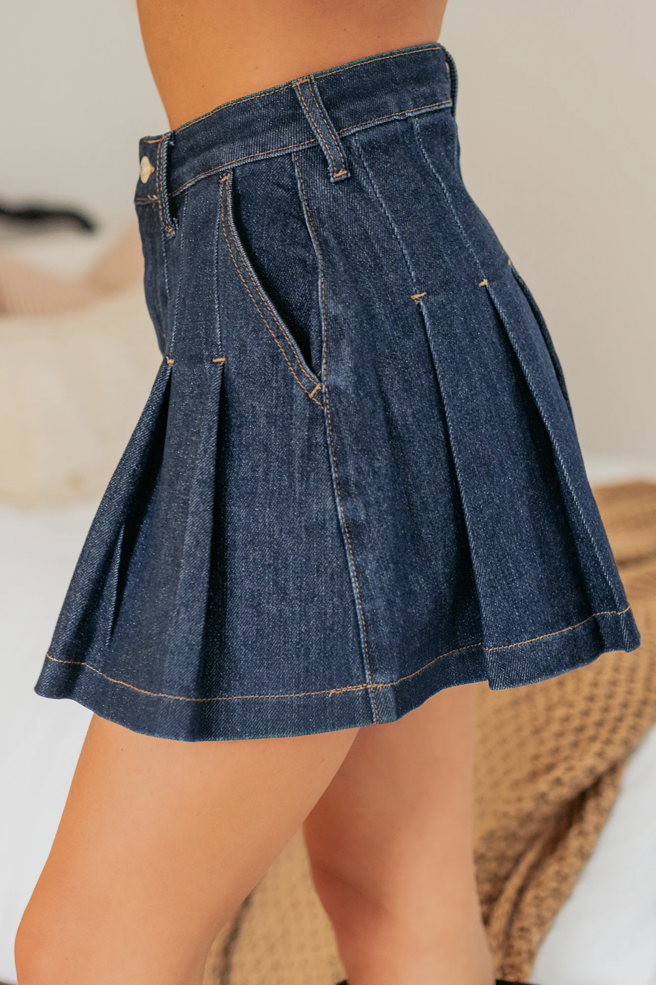Could Be Us Pleated Glittery Denim Mini Skirt (Indigo) - Image 4