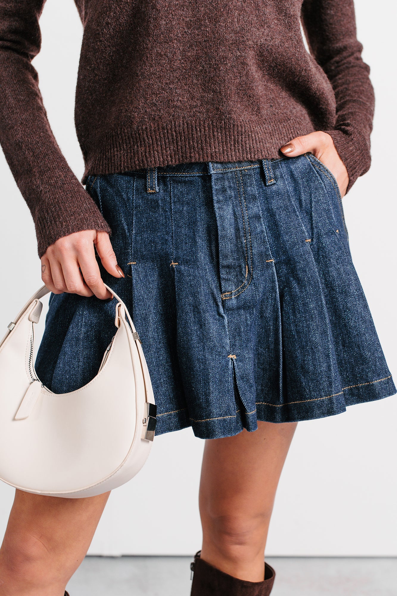 Could Be Us Pleated Glittery Denim Mini Skirt (Indigo) - Image 8