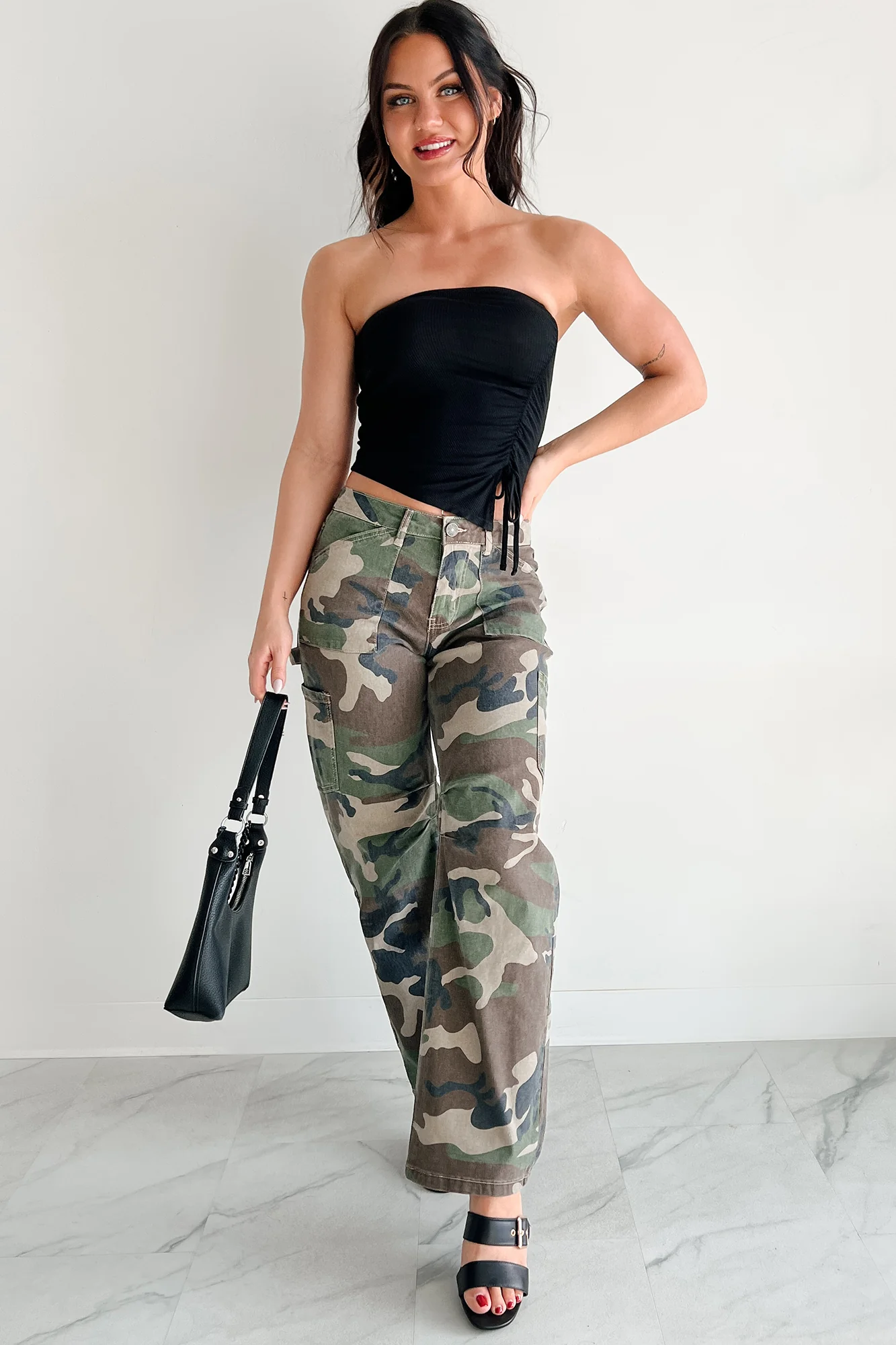Count Me In Side Ruched Asymmetric Tube Top (Black) - Image 6