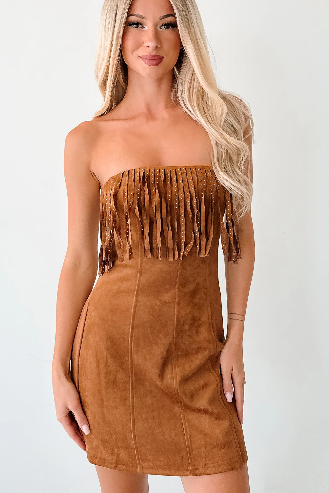 Country Dreams Suede Fringe Mini Dress (Brown) - Image 10