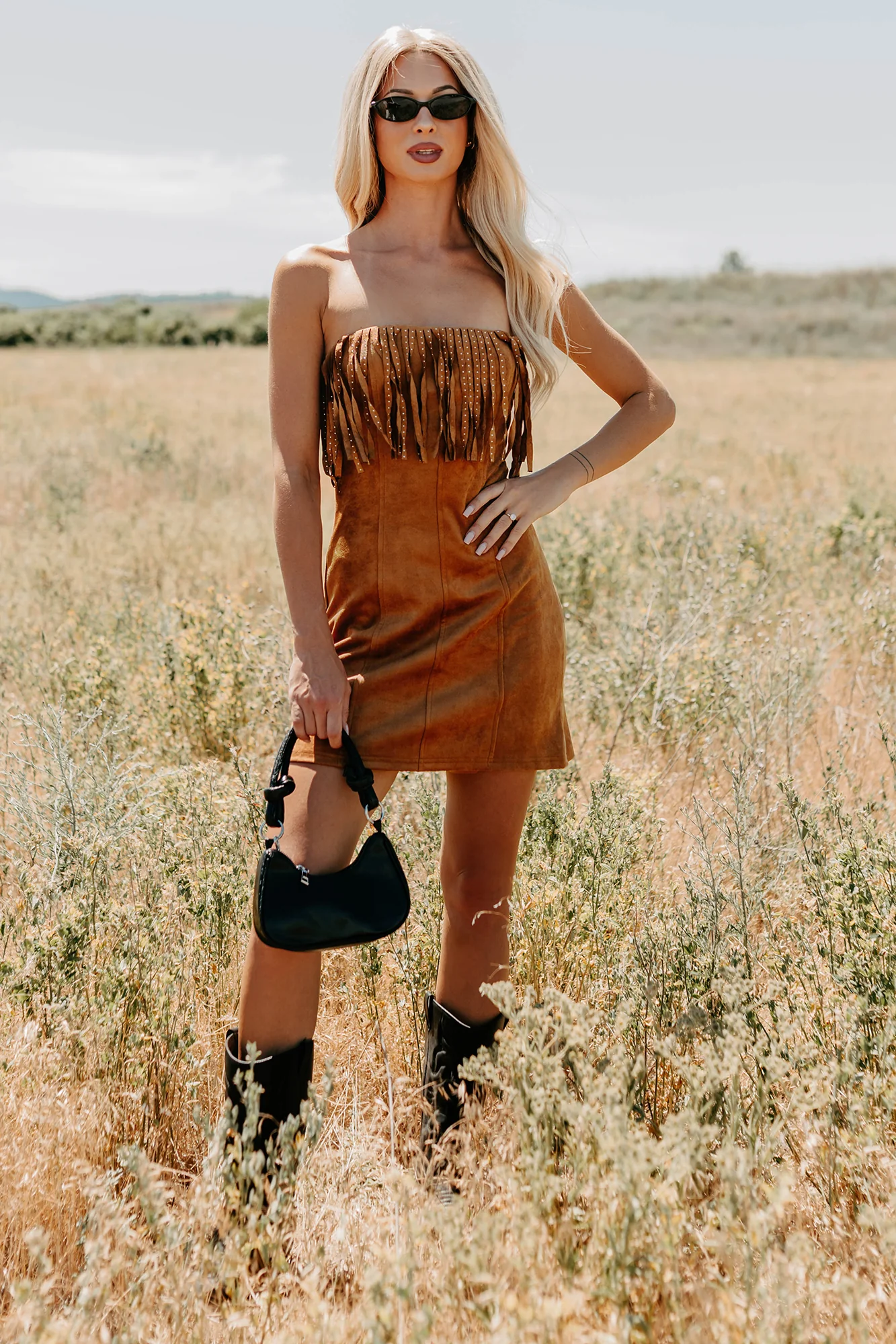 Country Dreams Suede Fringe Mini Dress (Brown) - Image 3