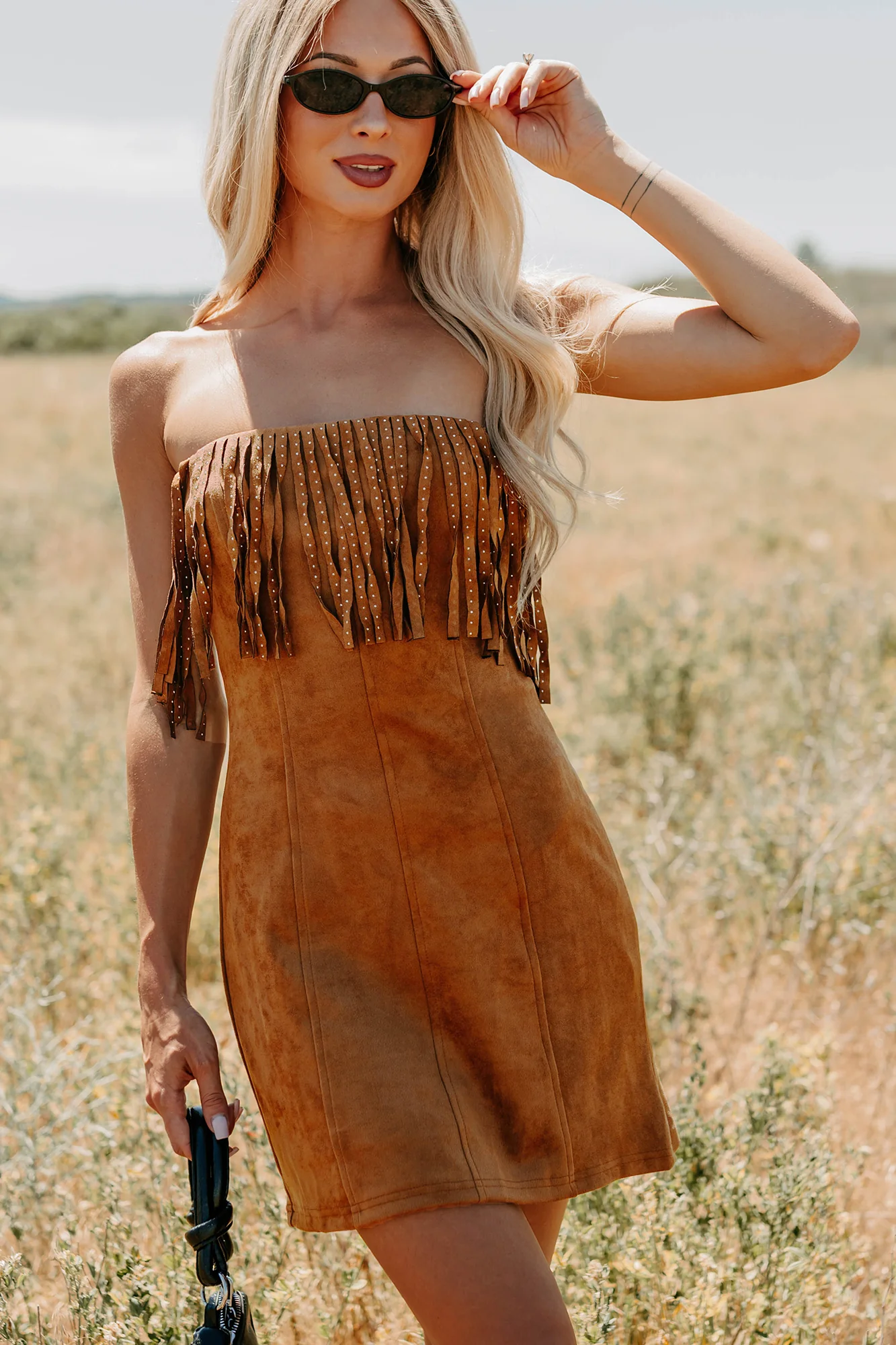 Country Dreams Suede Fringe Mini Dress (Brown) - Image 4