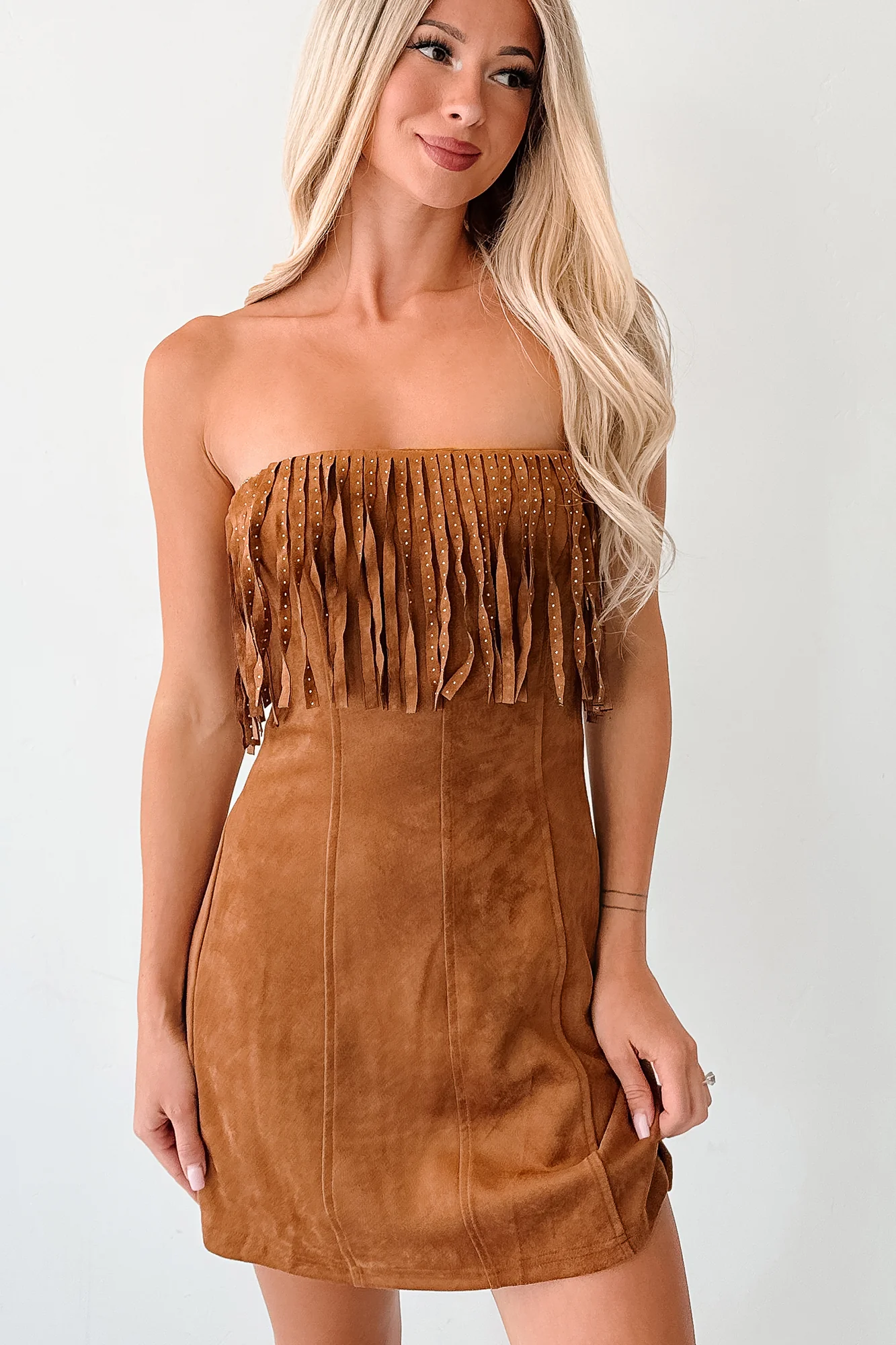 Country Dreams Suede Fringe Mini Dress (Brown) - Image 7