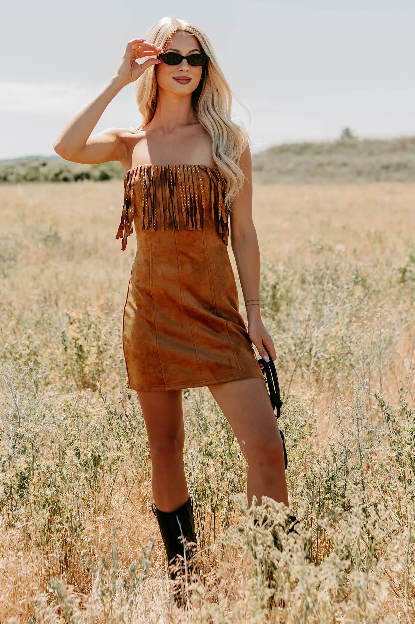 Country Dreams Suede Fringe Mini Dress (Brown) - Image 8