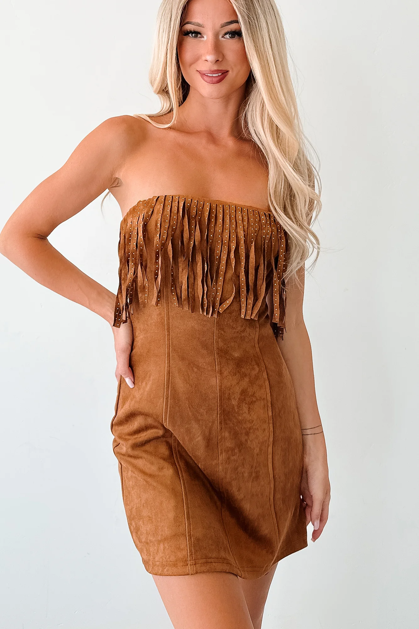 Country Dreams Suede Fringe Mini Dress (Brown) - Image 9