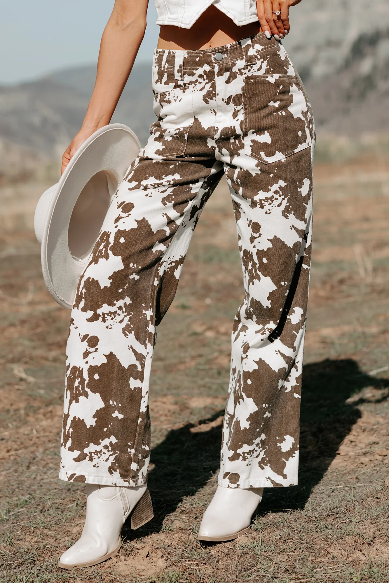 Cowboy Up Cow Print Pants (White/Brown) - Image 2
