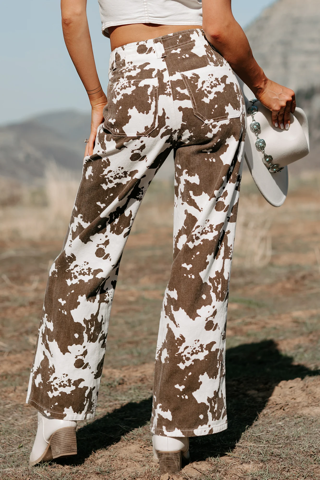 Cowboy Up Cow Print Pants (White/Brown) - Image 4