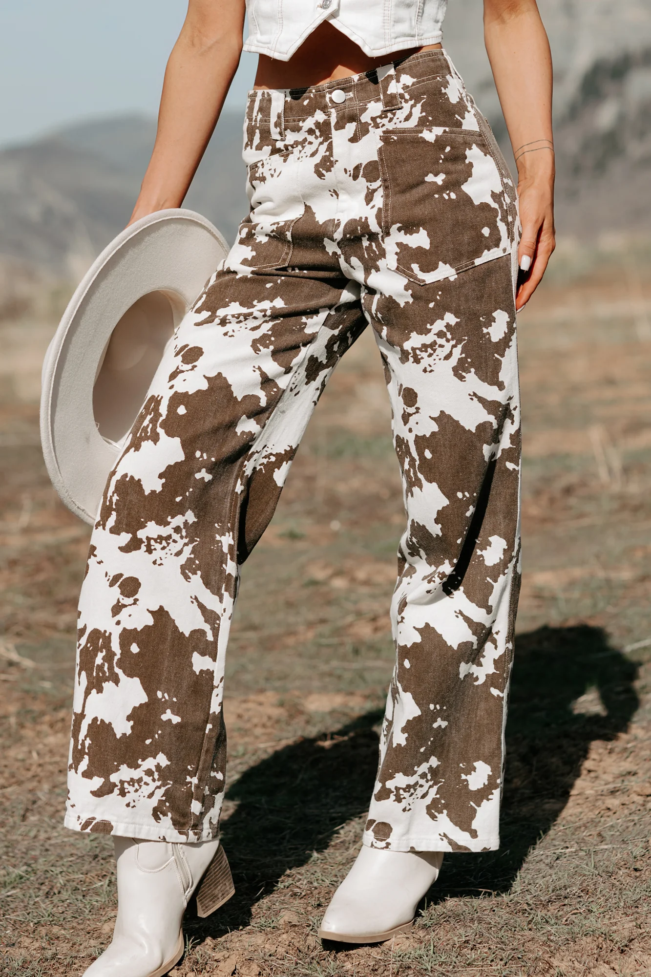 Cowboy Up Cow Print Pants (White/Brown) - Image 5