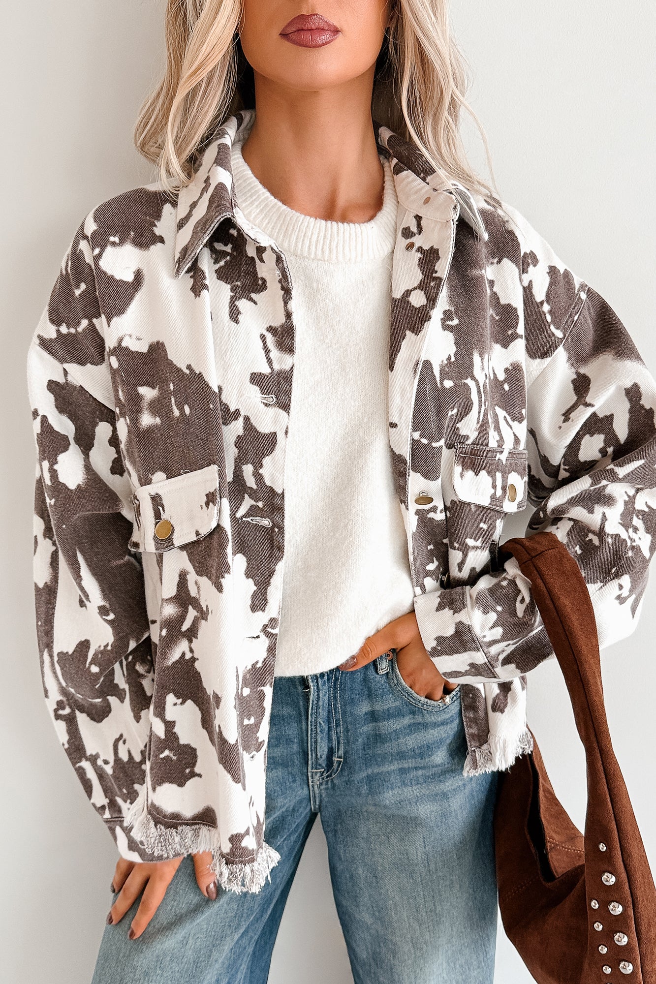 Cowgirl Spirit Oversized Raw Hem Shacket (Taupe Cow) - Image 3