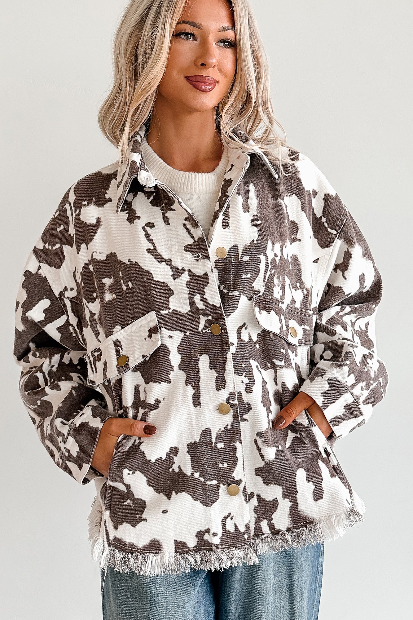 Cowgirl Spirit Oversized Raw Hem Shacket (Taupe Cow) - Image 5