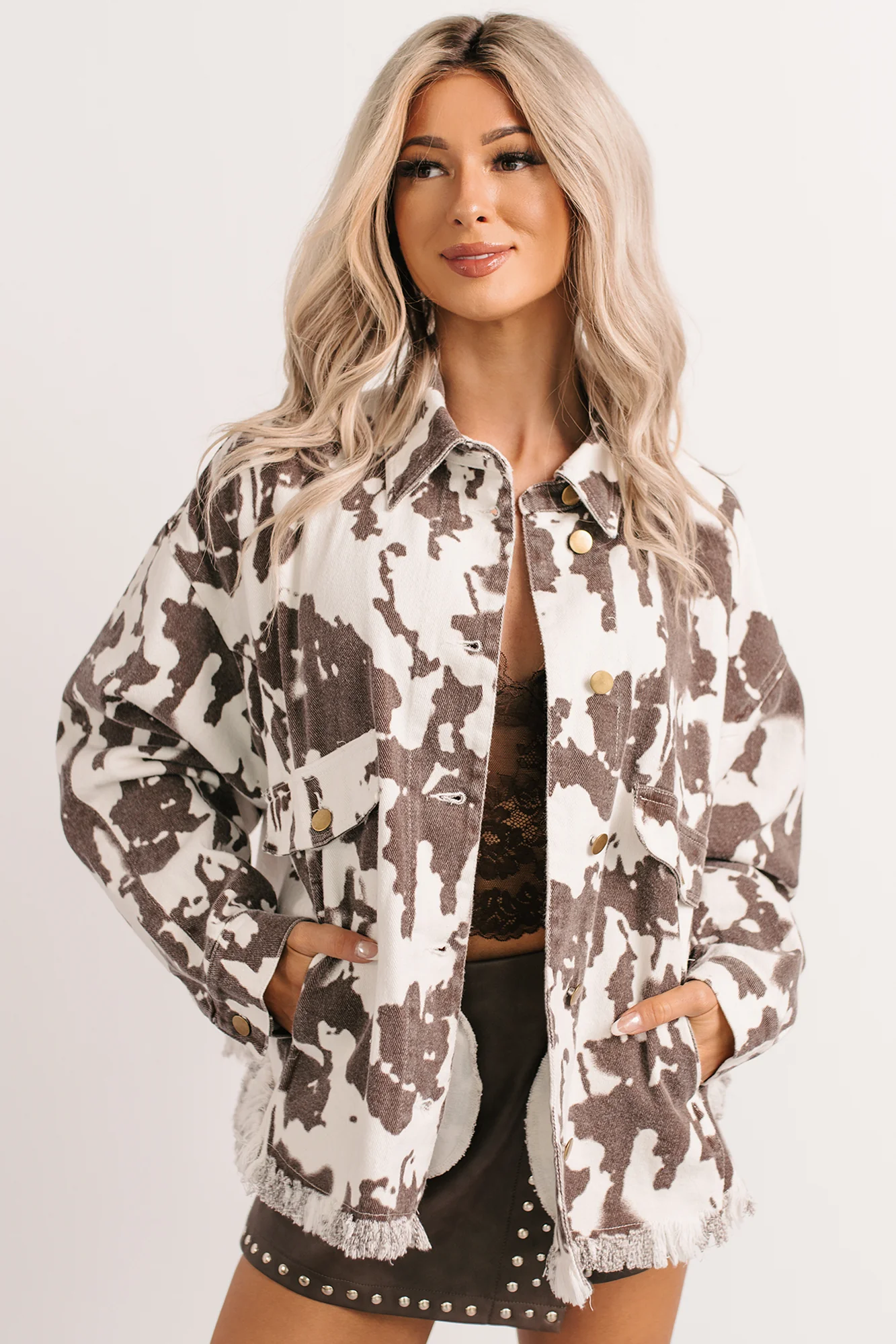 Cowgirl Spirit Oversized Raw Hem Shacket (Taupe Cow) - Image 6