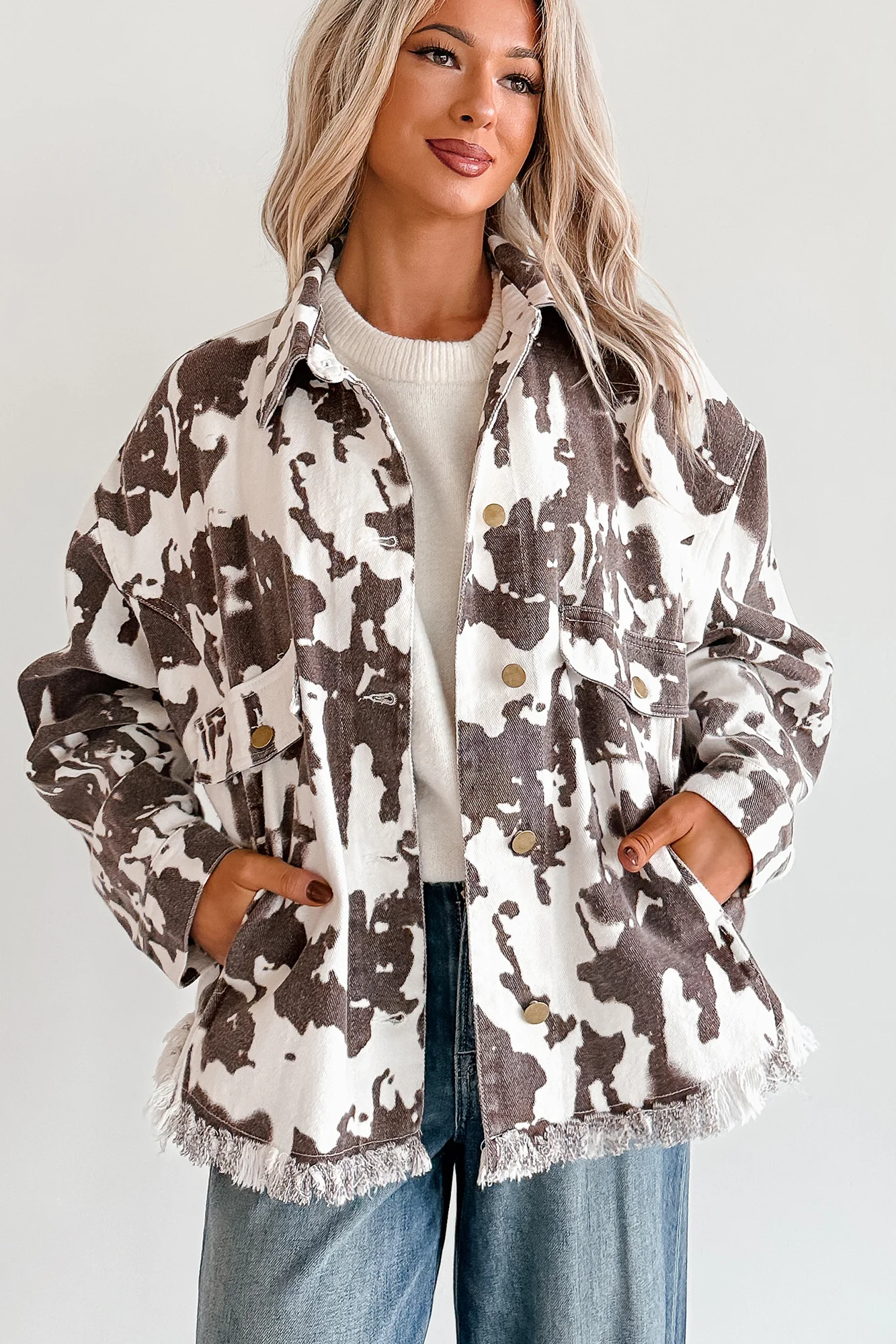Cowgirl Spirit Oversized Raw Hem Shacket (Taupe Cow) - Image 9