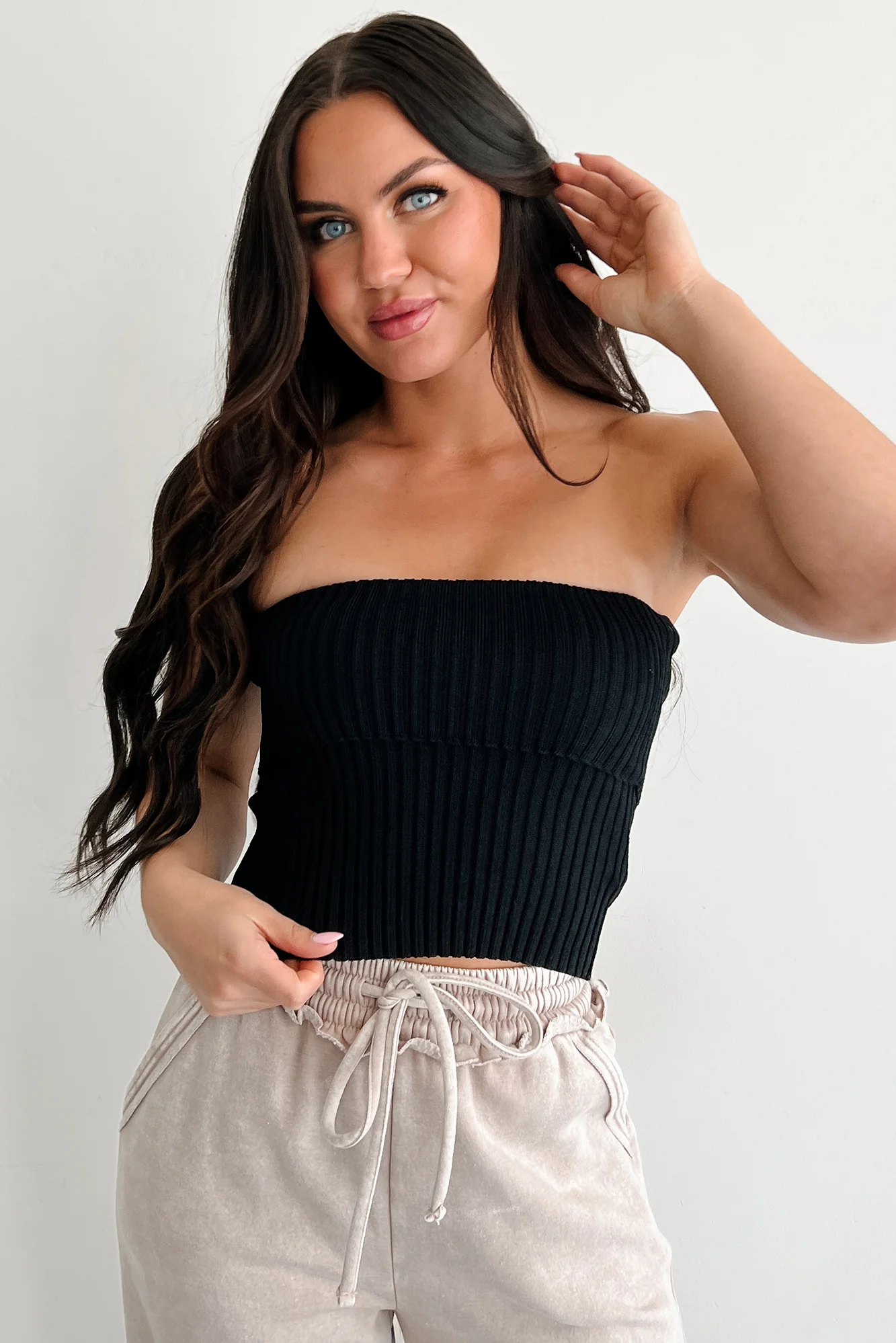 Cozy Corner Ribbed Strapless Fold Over Top (Black) - Image 7
