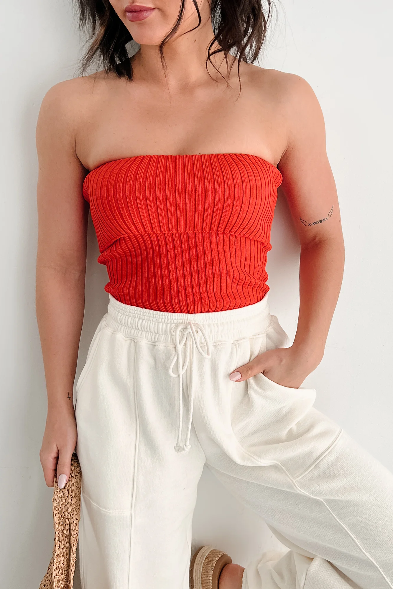 Cozy Corner Ribbed Strapless Fold Over Top (Tomato) - Image 10