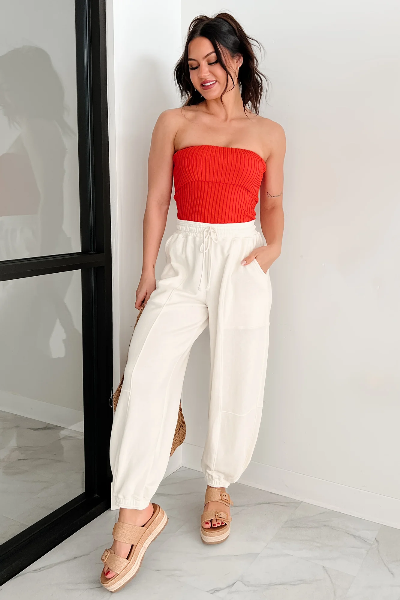 Cozy Corner Ribbed Strapless Fold Over Top (Tomato) - Image 12