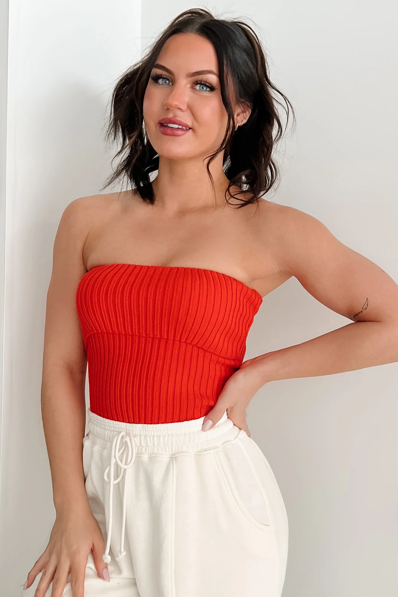 Cozy Corner Ribbed Strapless Fold Over Top (Tomato) - Image 13