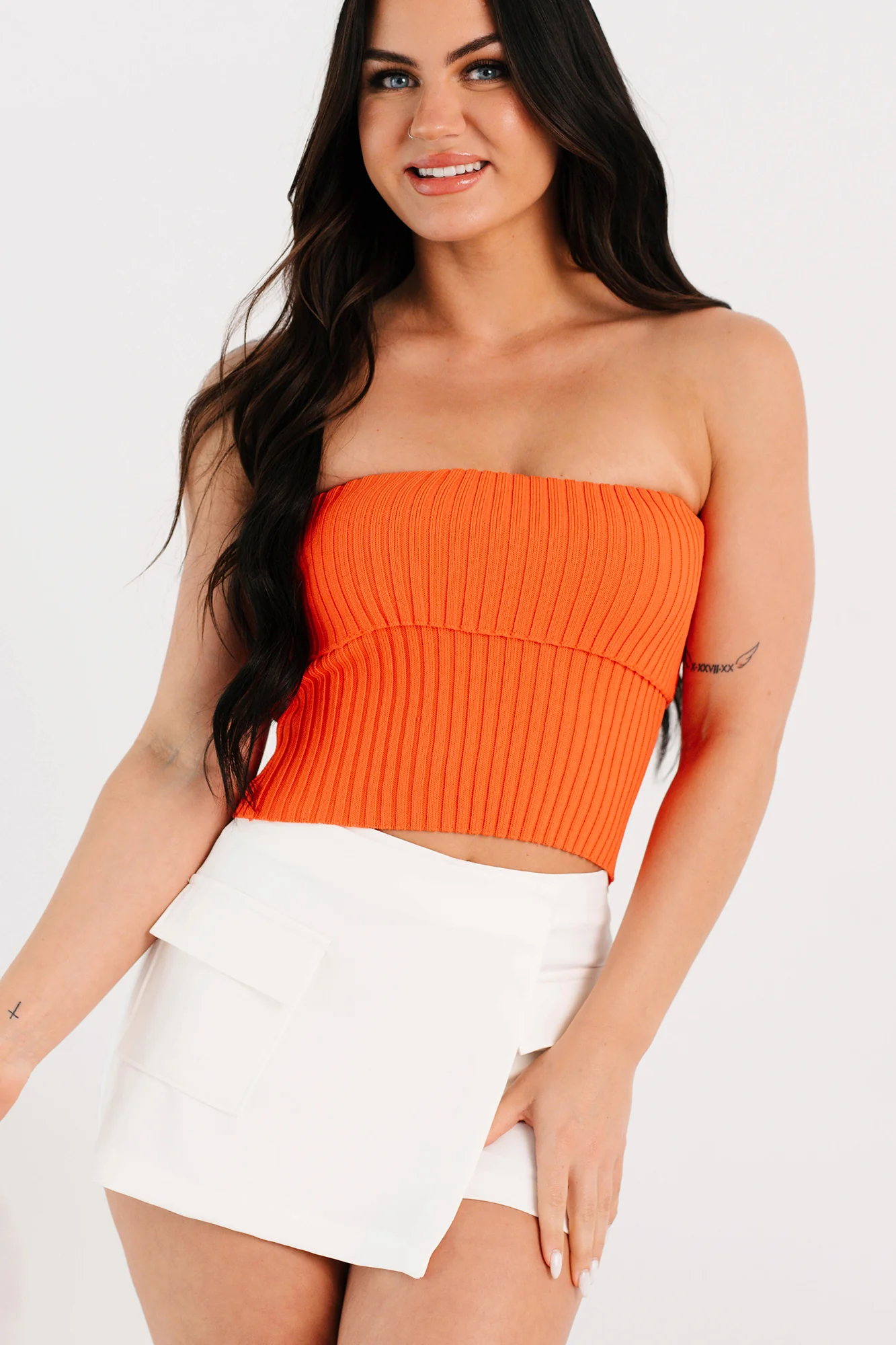 Cozy Corner Ribbed Strapless Fold Over Top (Tomato) - Image 16