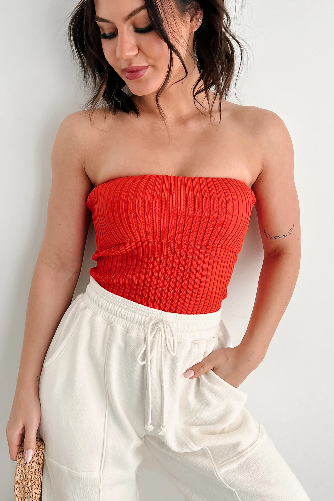 Cozy Corner Ribbed Strapless Fold Over Top (Tomato) - Image 7
